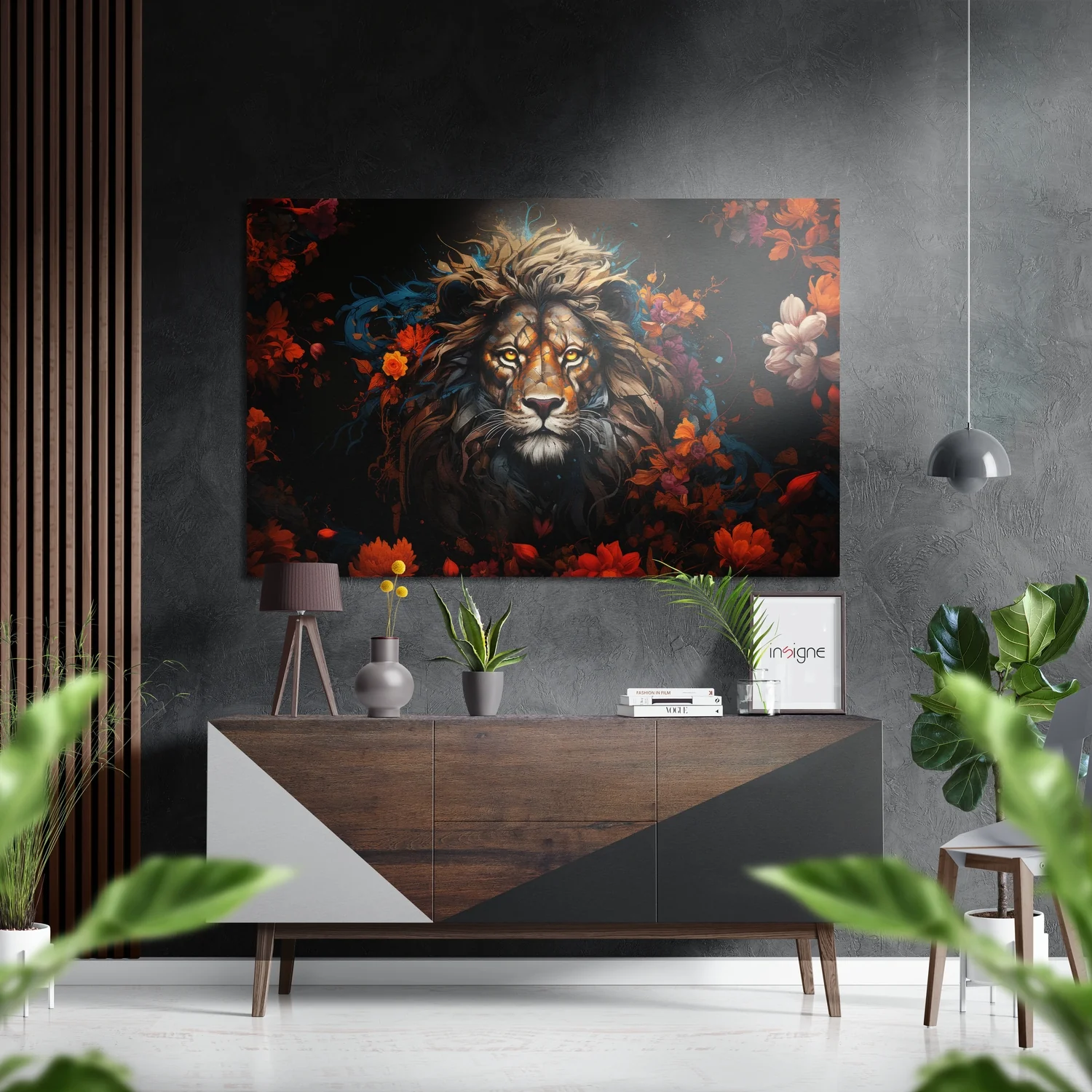 Lion in Flowers Brushed Aluminum Dibond Wall Art