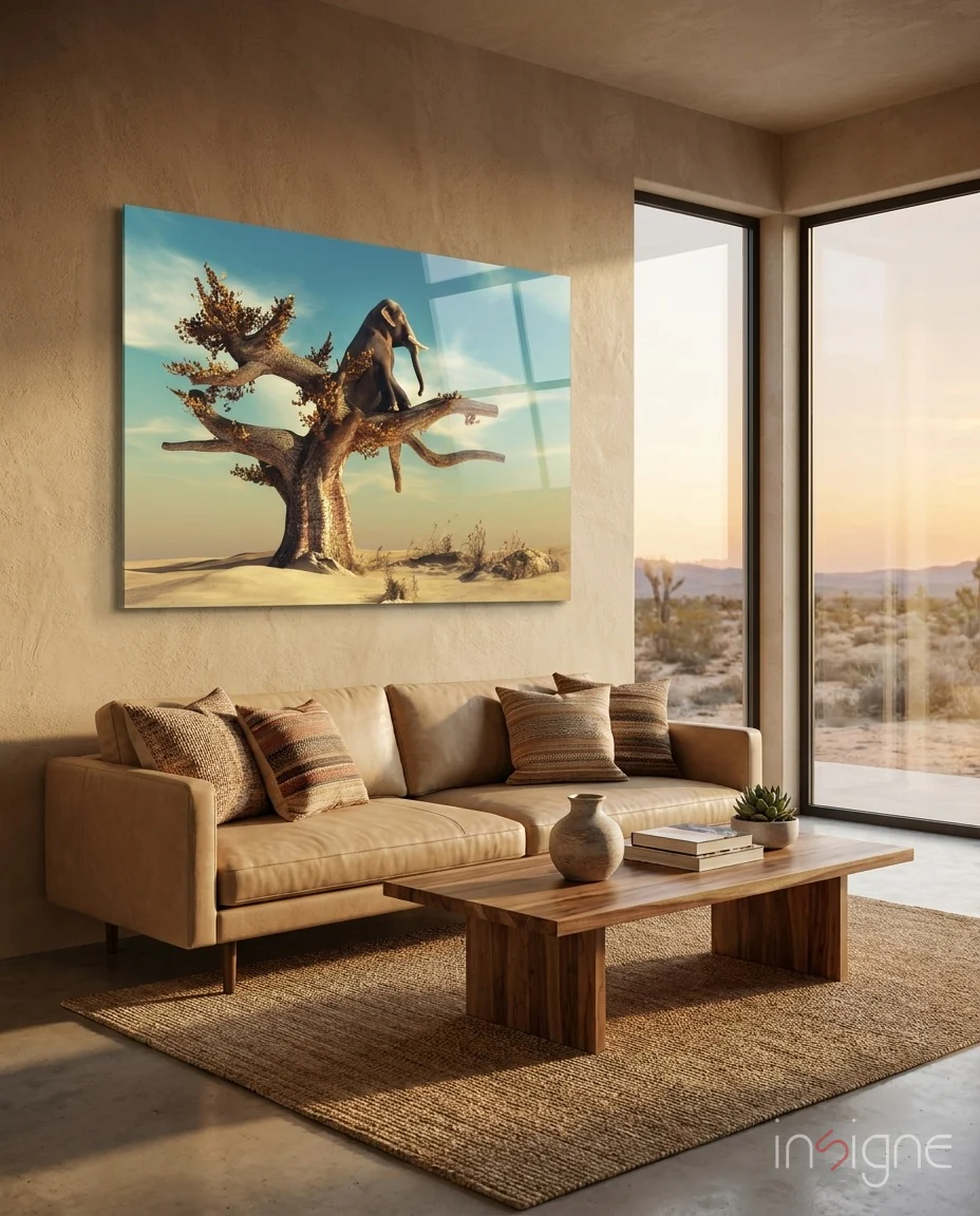 Thinking Elephant Glass Wall Art