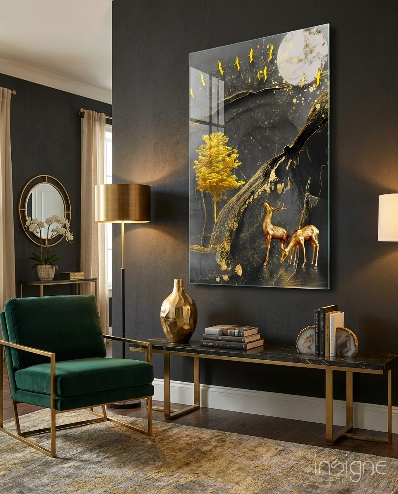 Golden Tree and Gazelles Glass Wall Art