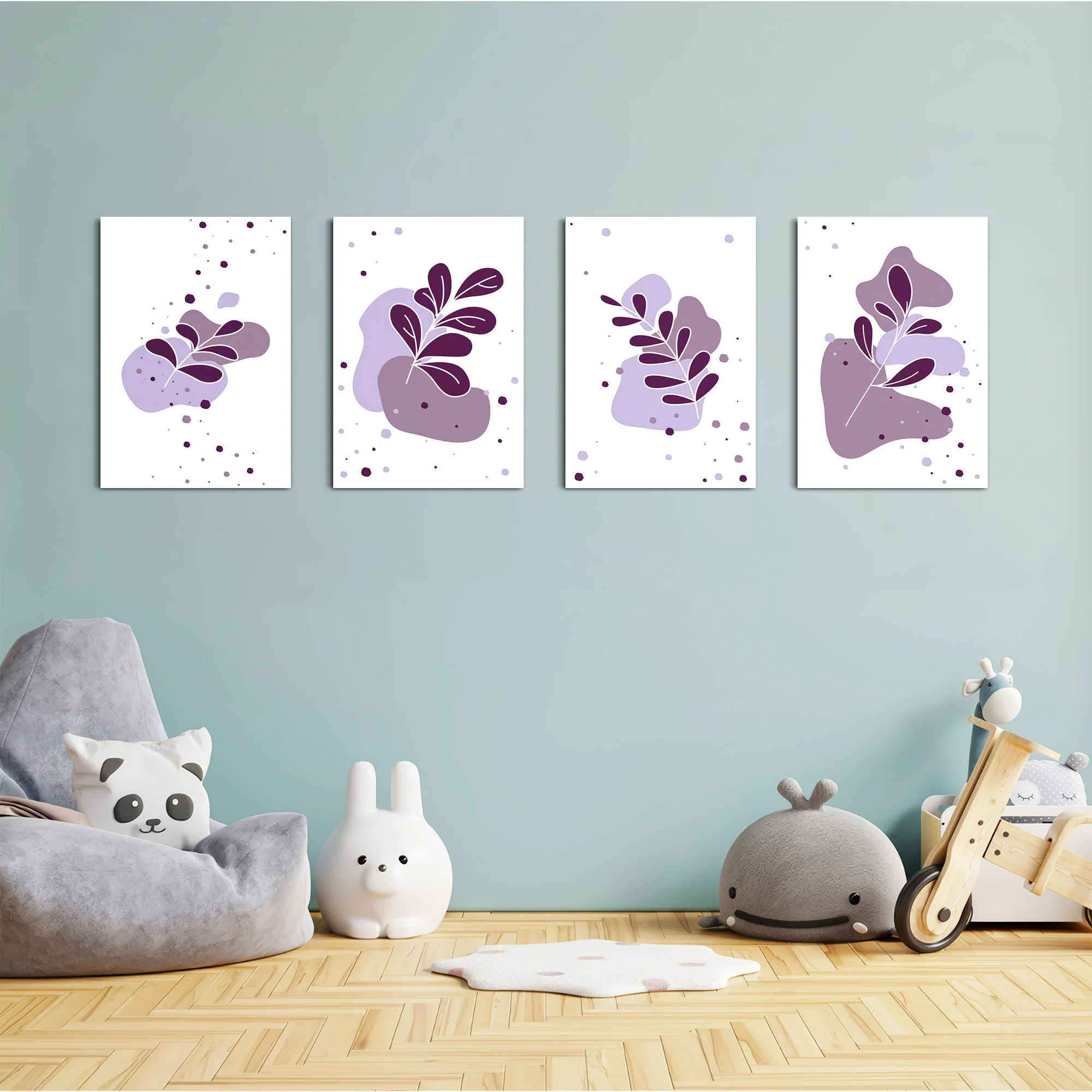 Purple Abstract Leaves 4 Pieces Kids Metal Wall Art - Image 4