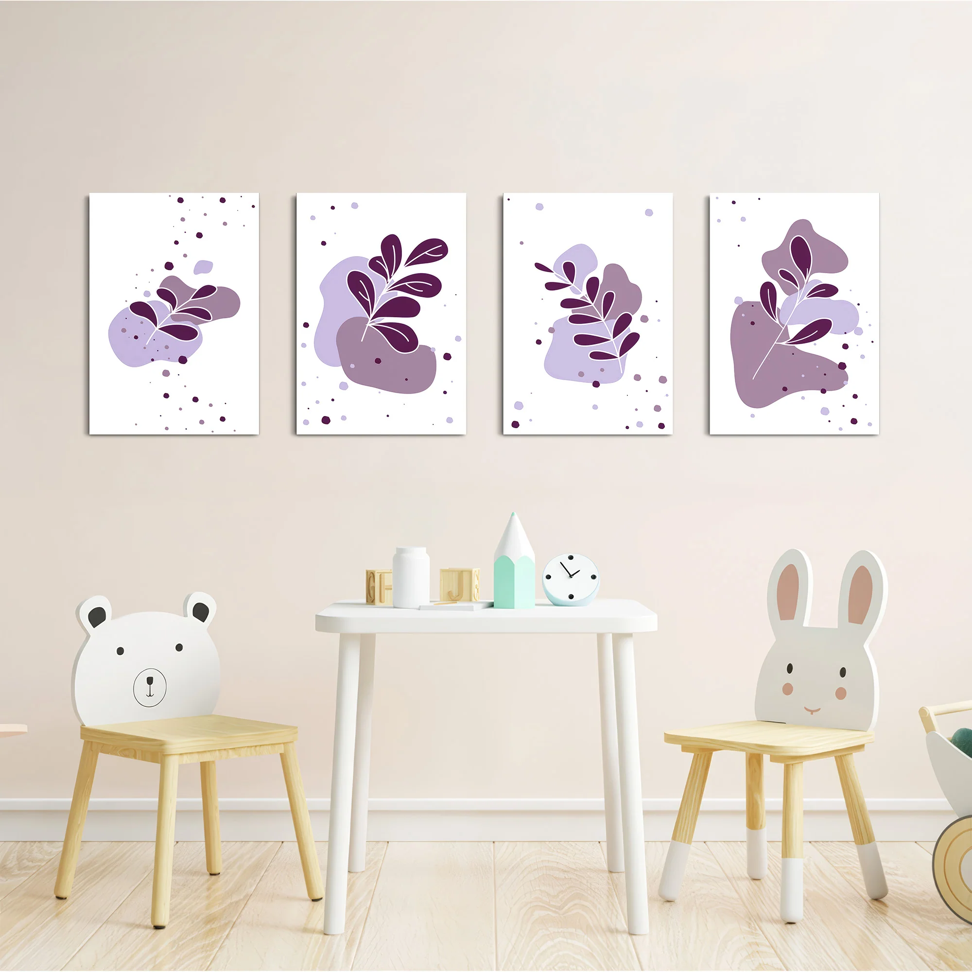 Purple Abstract Leaves 4 Pieces Kids Metal Wall Art - Image 5