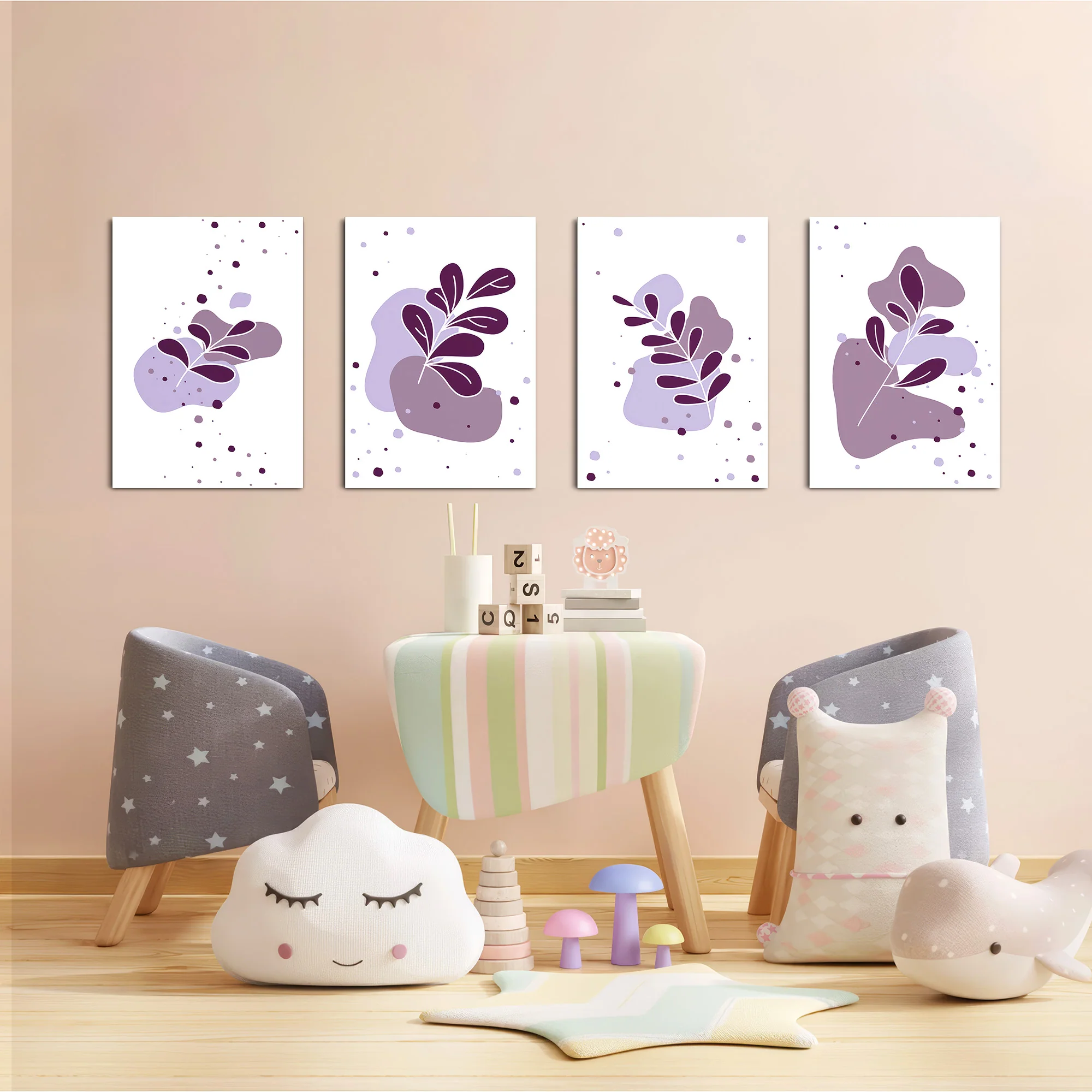 Purple Abstract Leaves 4 Pieces Kids Metal Wall Art - Image 6