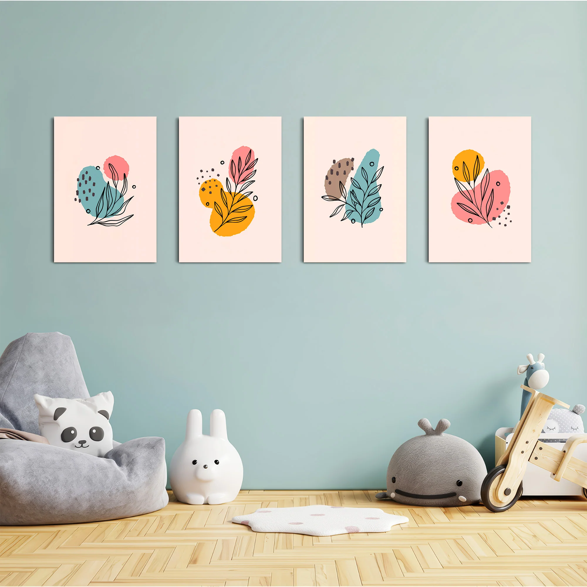Pastel Botanical Line Art 4 Pieces Kids Metal Wall Art - Image 4
