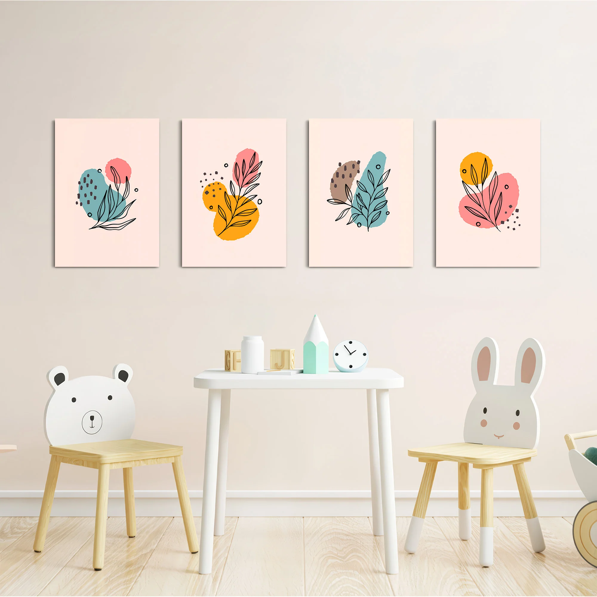 Pastel Botanical Line Art 4 Pieces Kids Metal Wall Art - Image 5