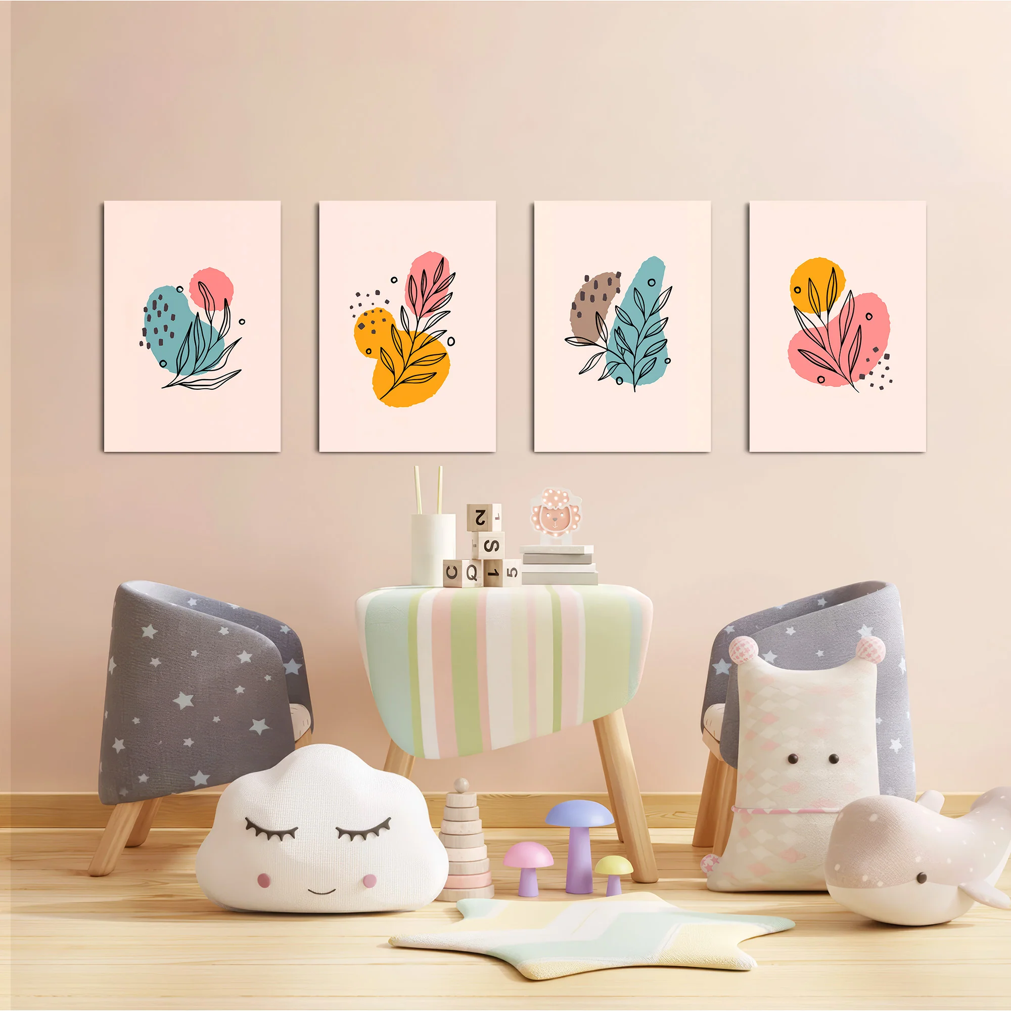 Pastel Botanical Line Art 4 Pieces Kids Metal Wall Art - Image 6