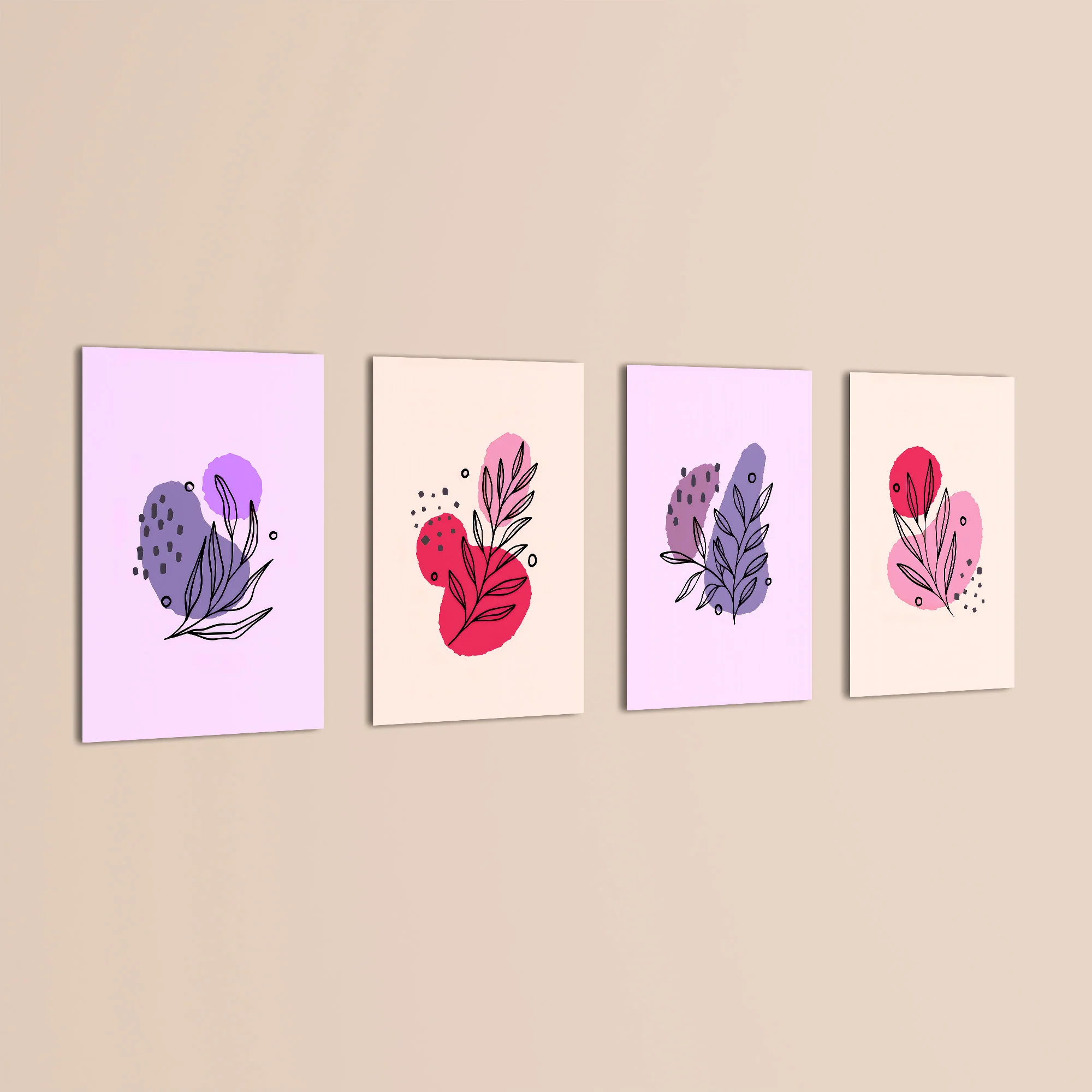 Pink Purple Botanical Line Art 4 Pieces Kids Metal Wall Art - Image 3
