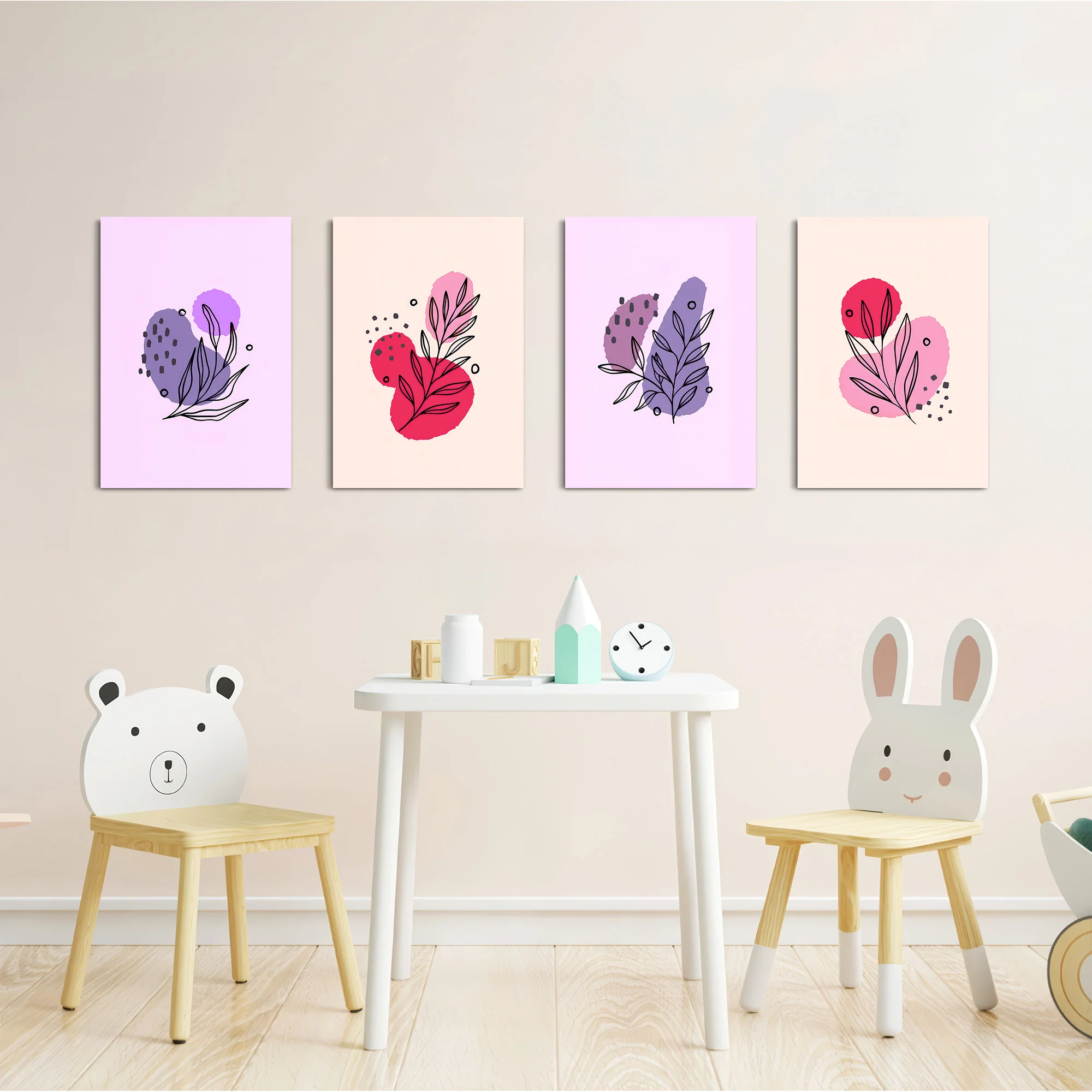 Pink Purple Botanical Line Art 4 Pieces Kids Metal Wall Art - Image 5