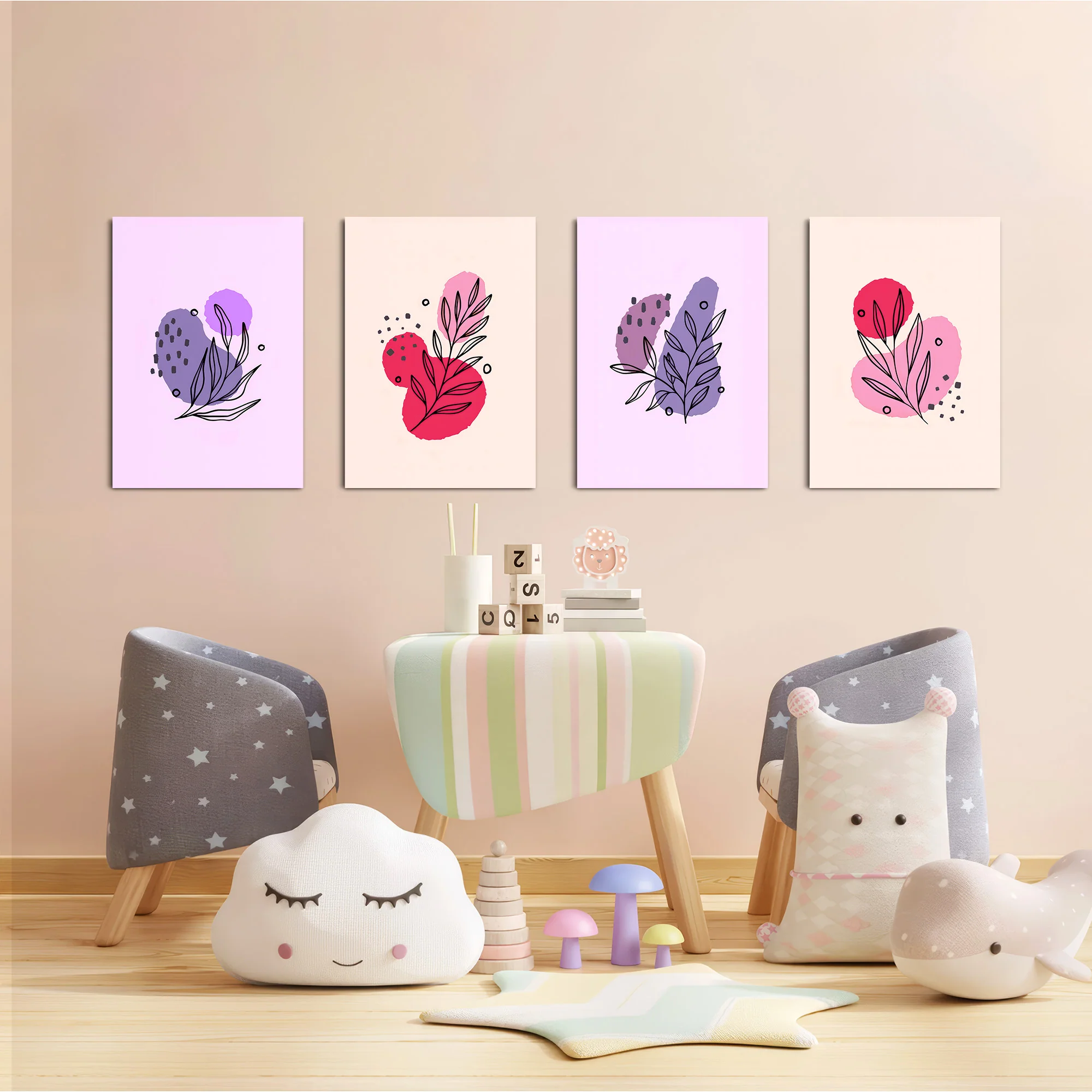Pink Purple Botanical Line Art 4 Pieces Kids Metal Wall Art - Image 6