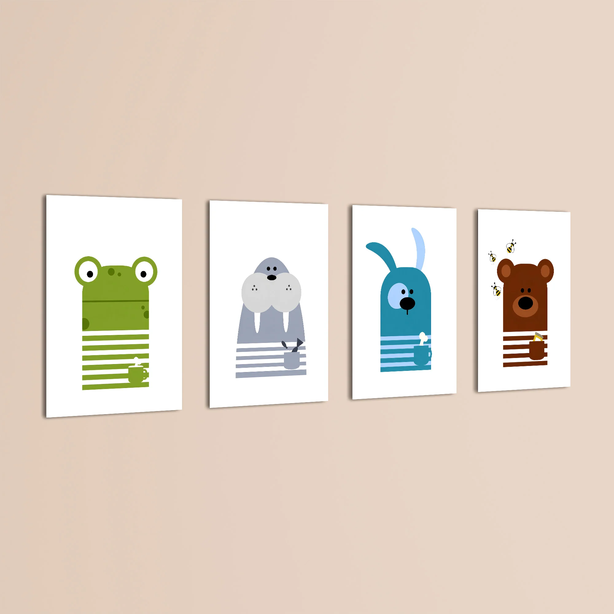 Scandinavian Animals Frog Walrus Dog Bear 4 Pieces Kids Metal Wall Art - Image 3