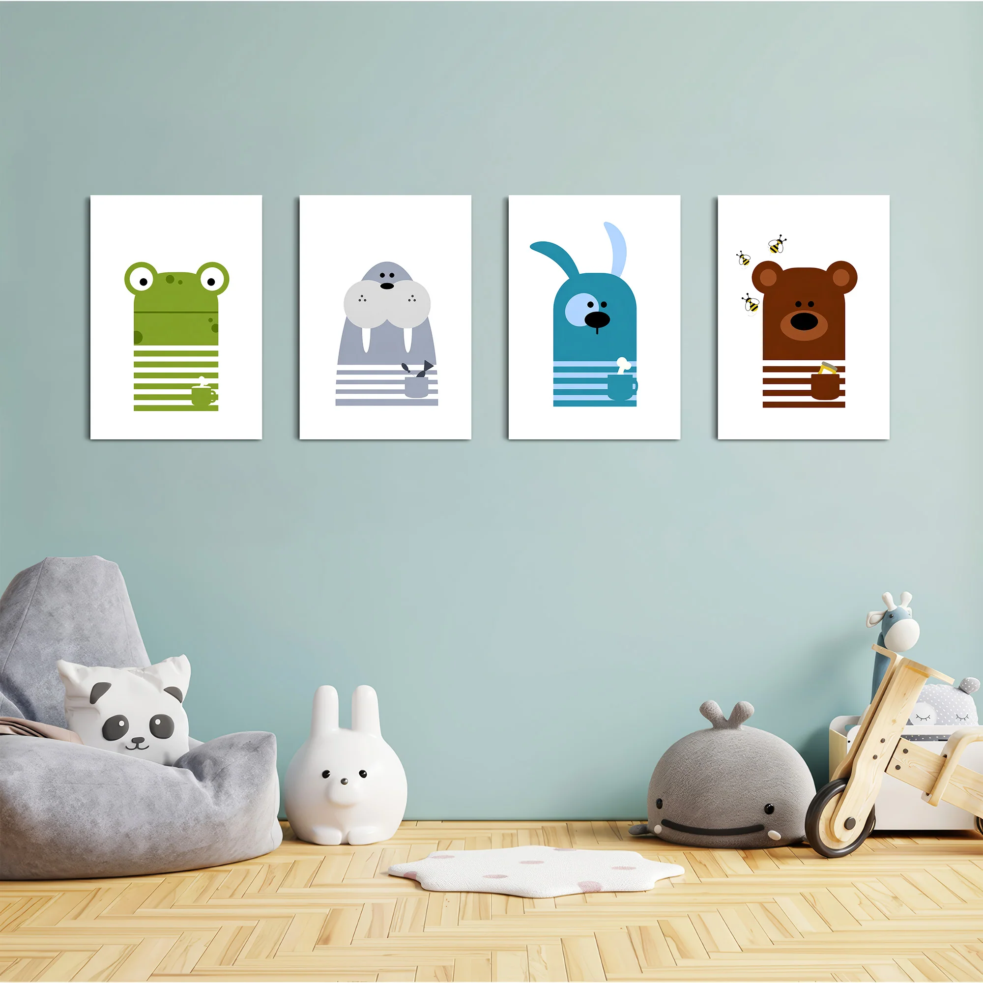 Scandinavian Animals Frog Walrus Dog Bear 4 Pieces Kids Metal Wall Art - Image 4