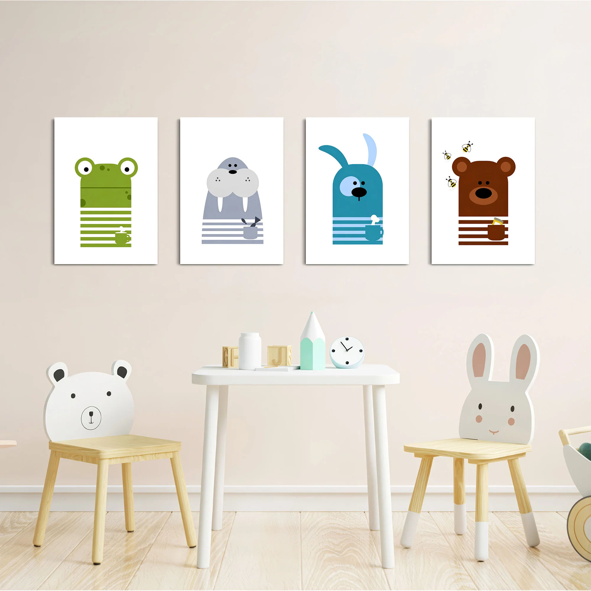 Scandinavian Animals Frog Walrus Dog Bear 4 Pieces Kids Metal Wall Art - Image 5