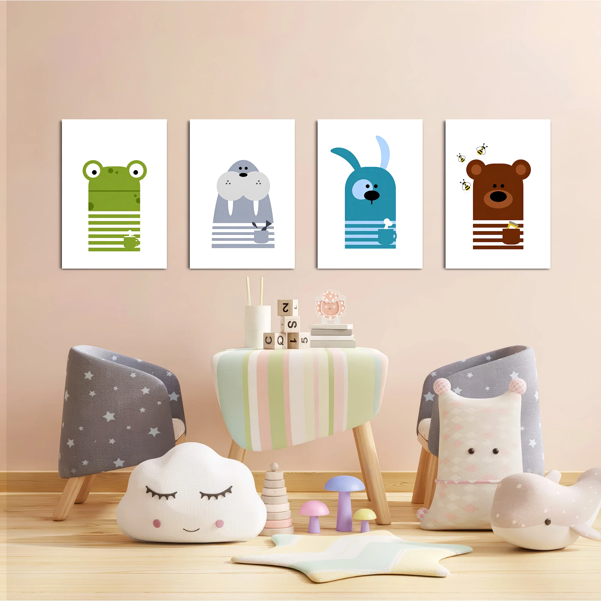 Scandinavian Animals Frog Walrus Dog Bear 4 Pieces Kids Metal Wall Art - Image 6