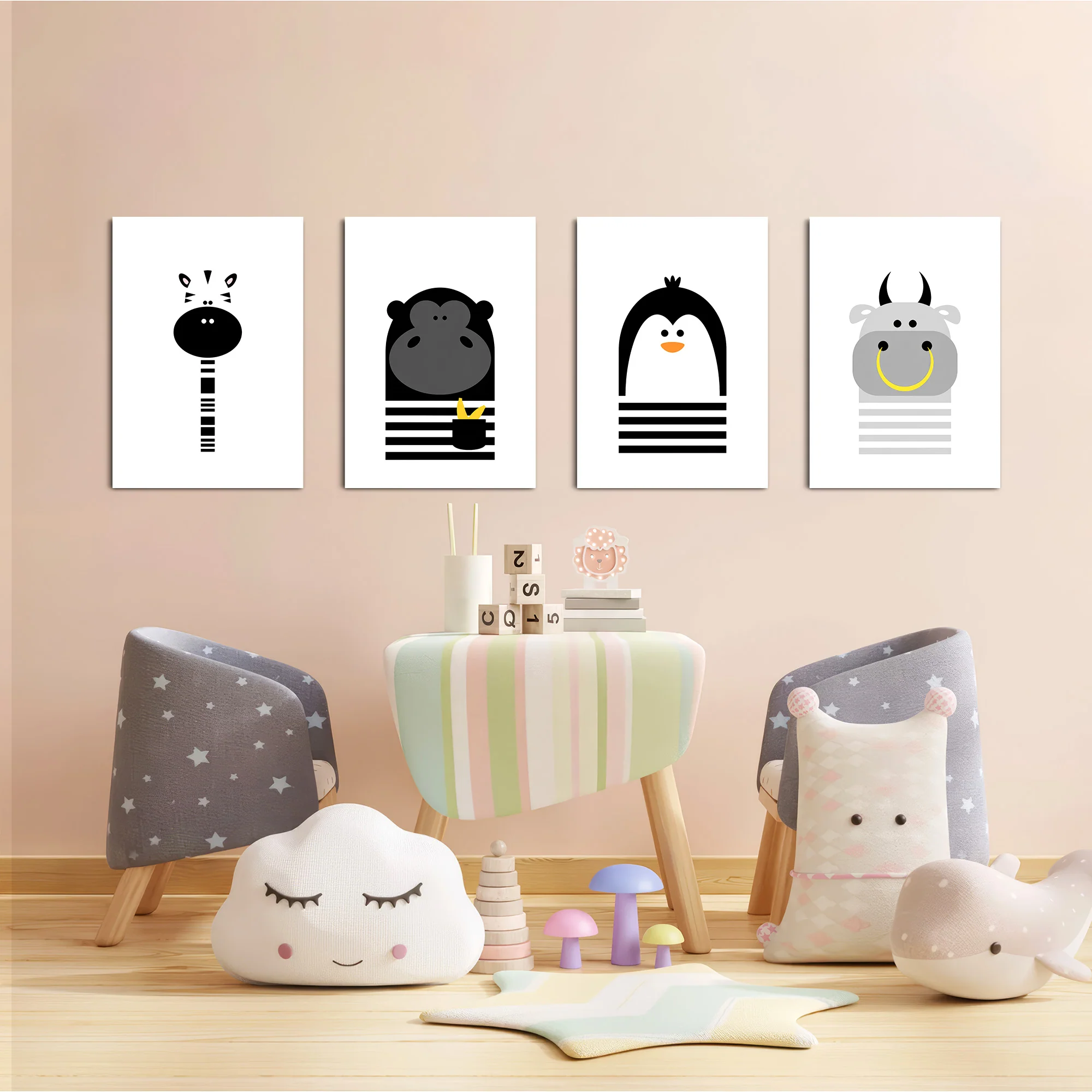 Black and White Animals Zebra Gorilla Penguin Hippo 4 Pieces Kids Metal Wall Art - Image 6