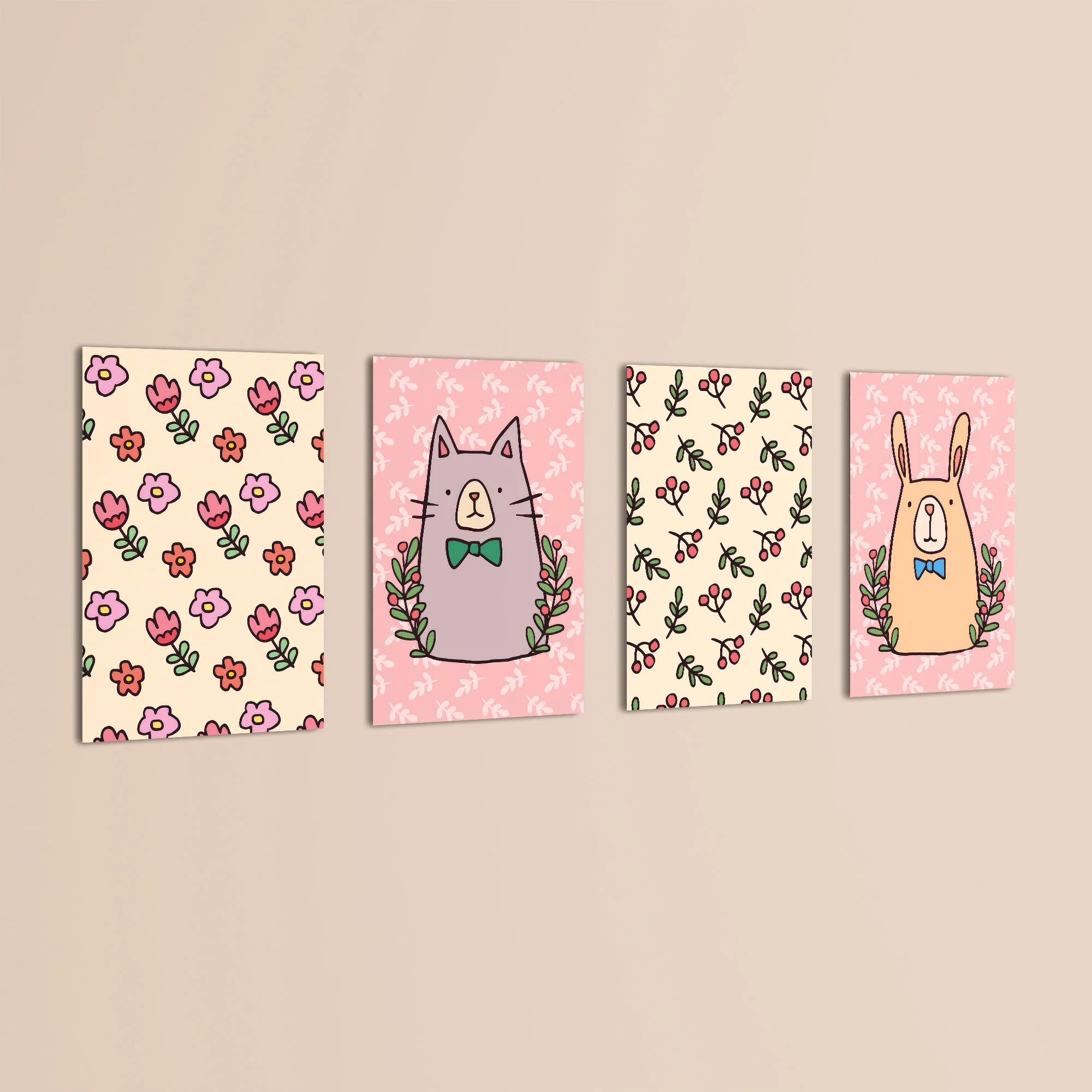 Doodle Cat Bunny Floral Folk 4 Pieces Kids Metal Wall Art - Image 3