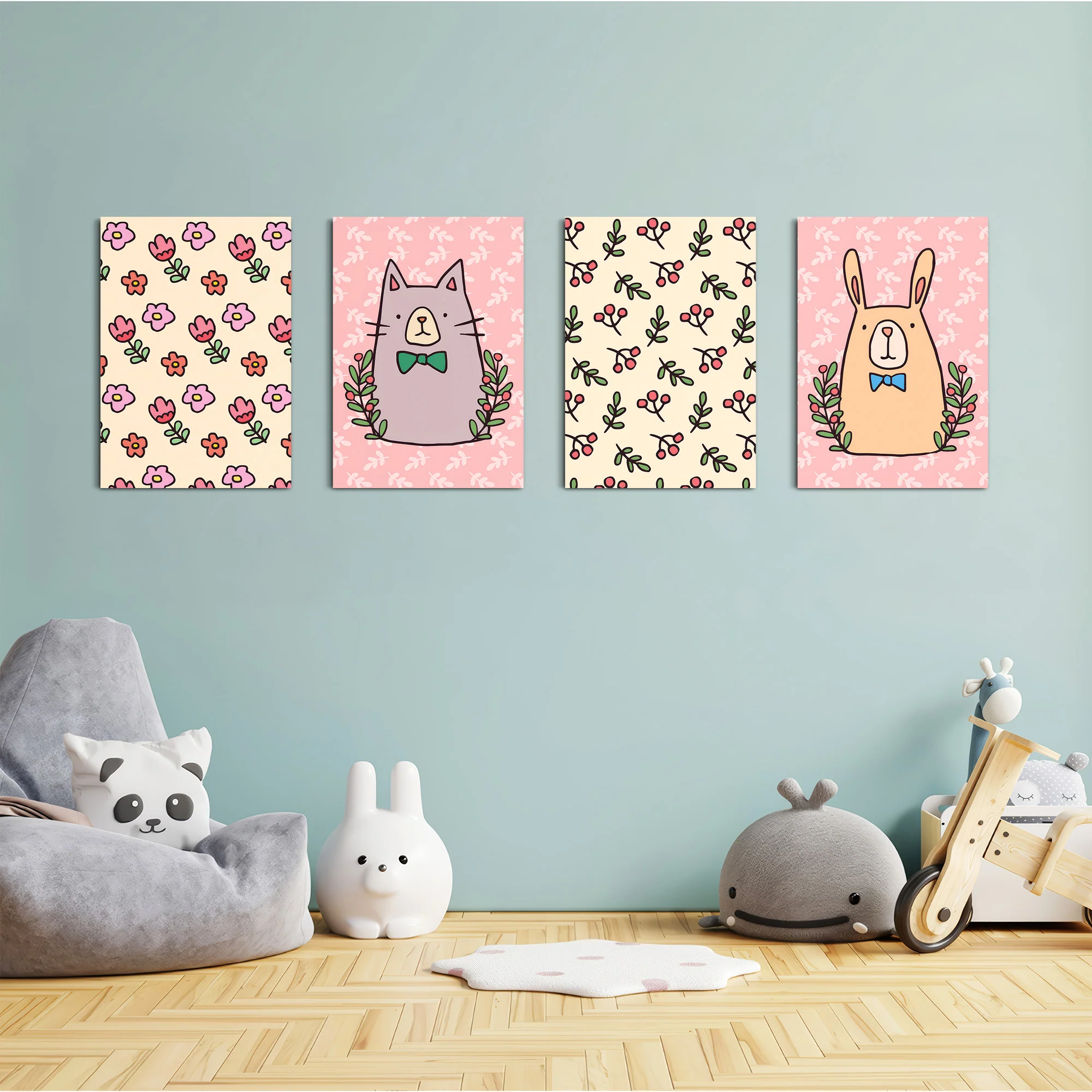 Doodle Cat Bunny Floral Folk 4 Pieces Kids Metal Wall Art - Image 4