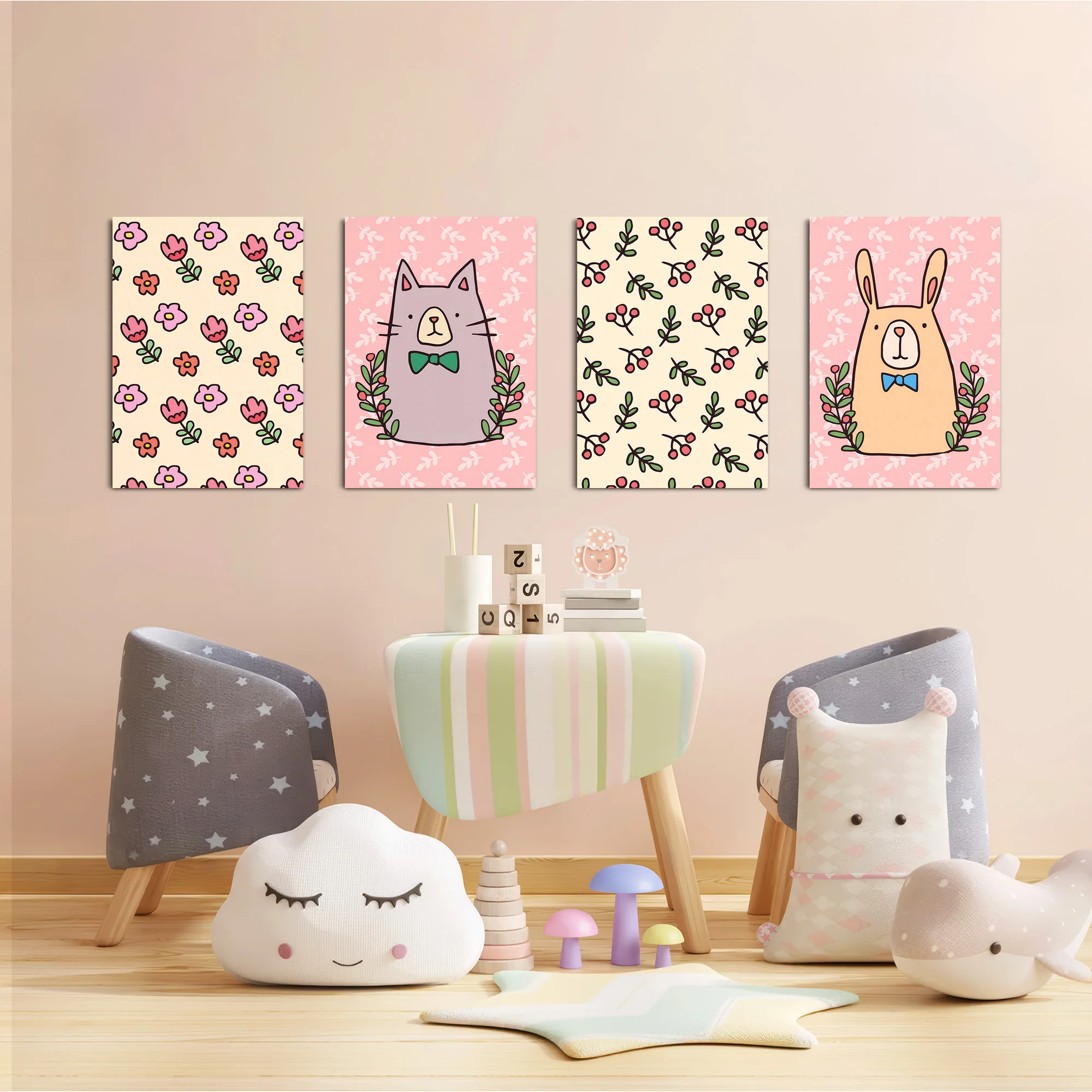 Doodle Cat Bunny Floral Folk 4 Pieces Kids Metal Wall Art - Image 6
