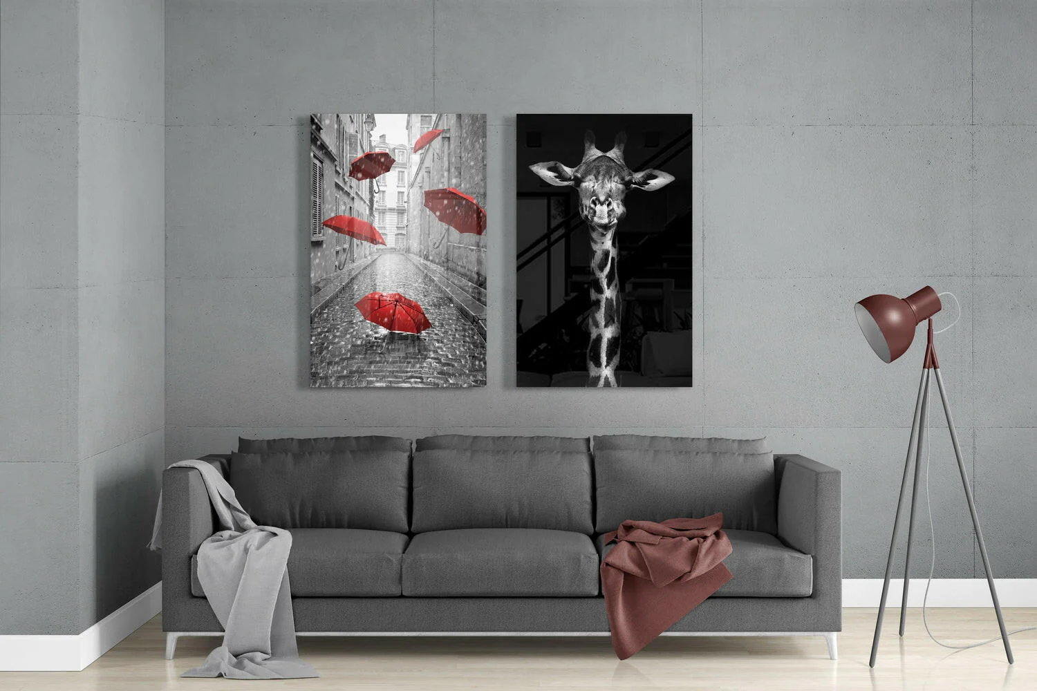 Giraffe and Umbrellas 2 Pieces Combine Glass Wall Art - Image 3