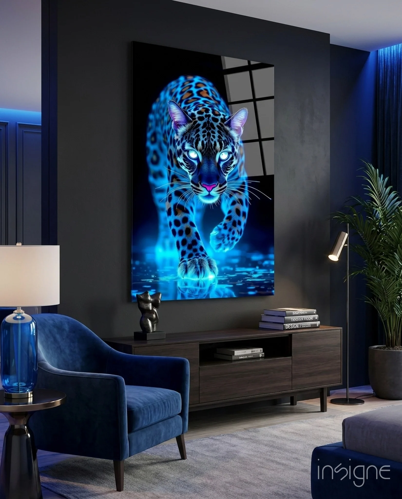 Neon Blue Leopard Glass Wall Art