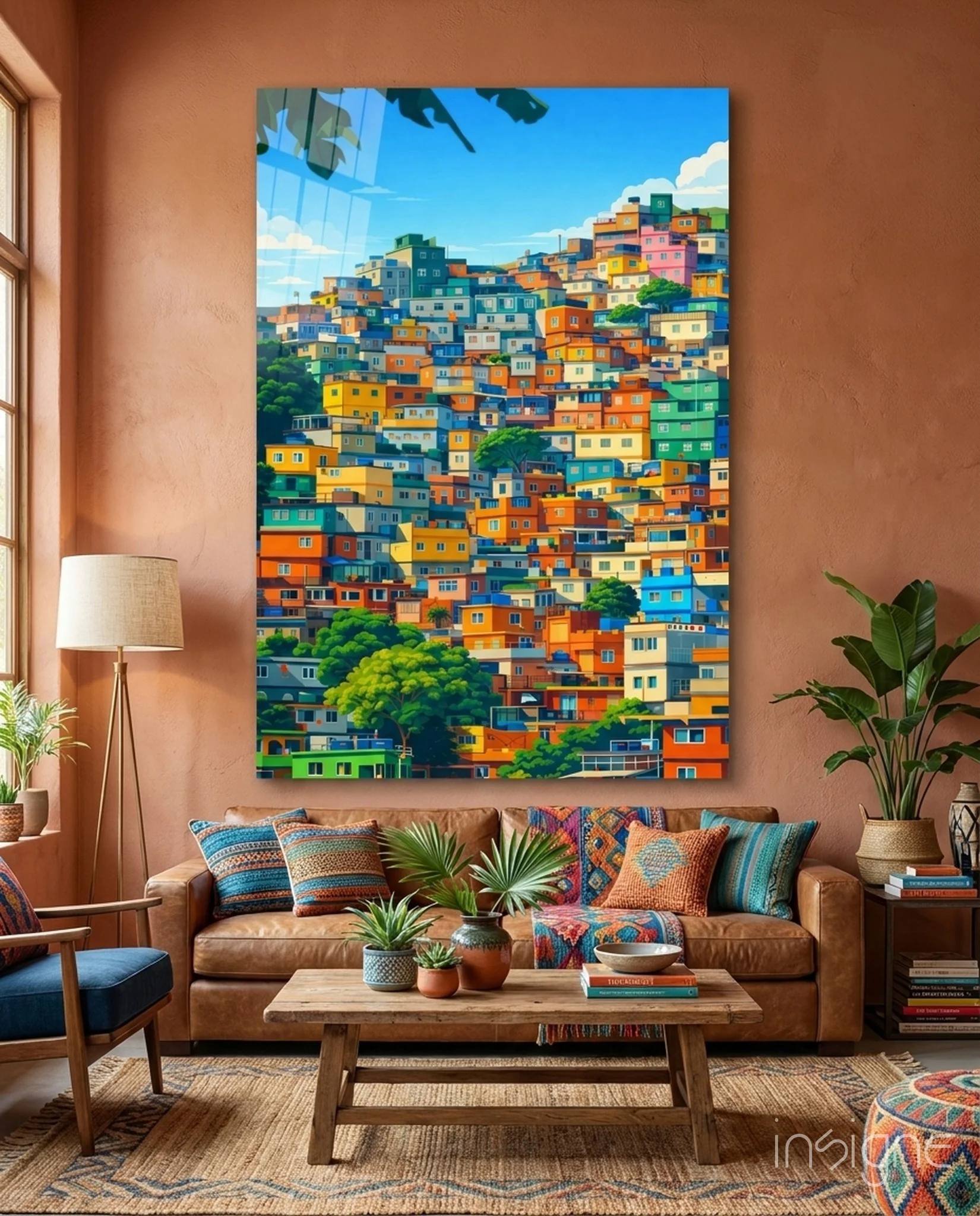 Vibrant Hillside Houses Glass Wall Art