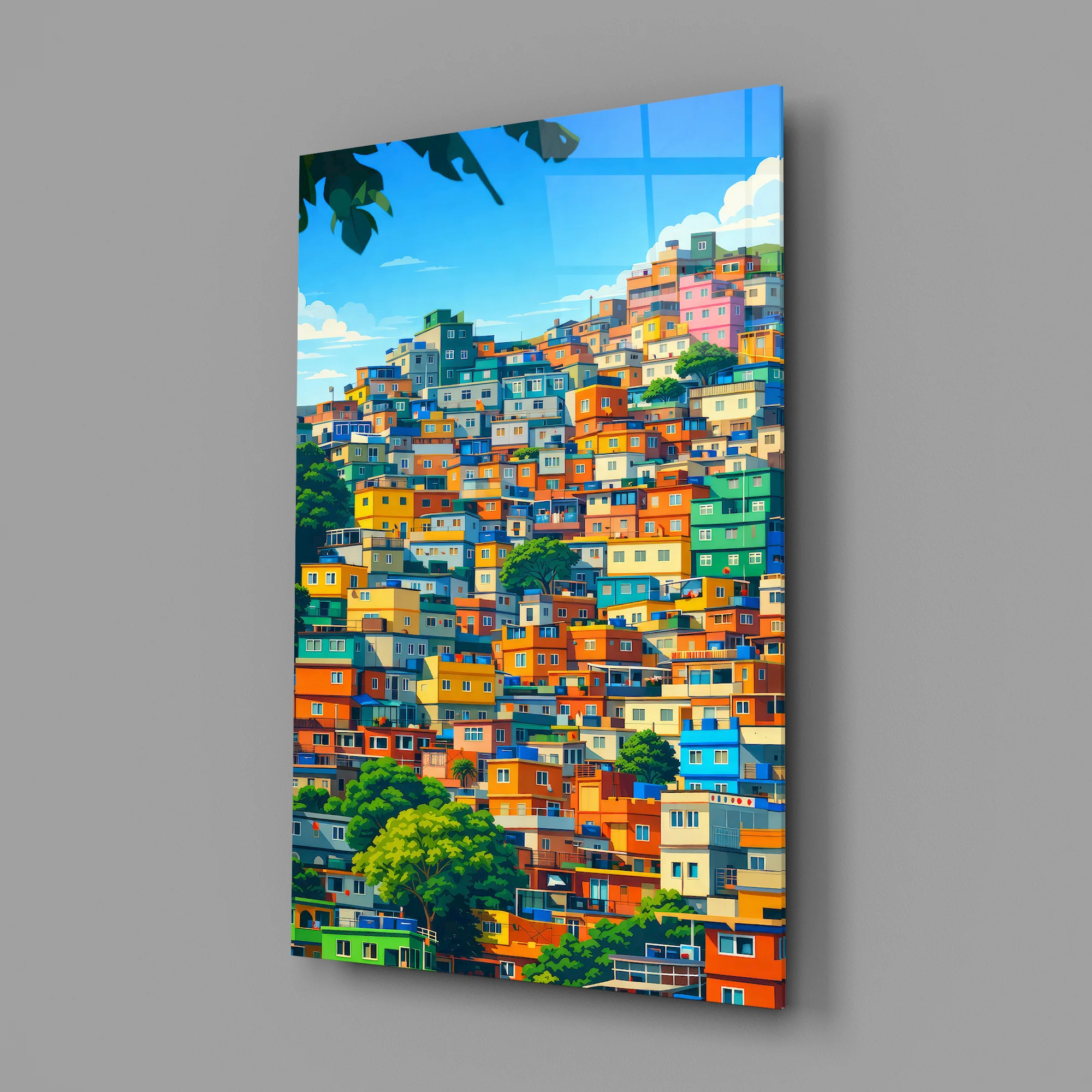 Vibrant Hillside Houses Glass Wall Art - Image 3