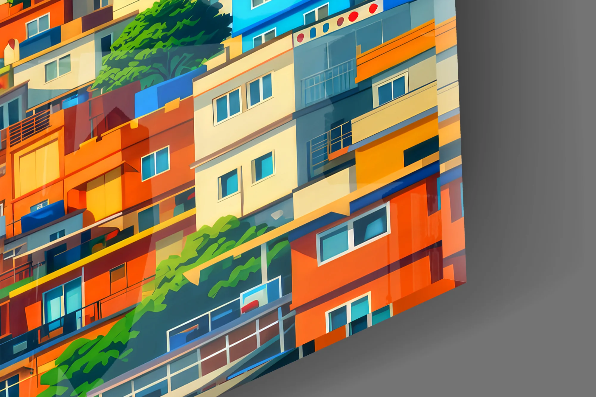 Vibrant Hillside Houses Glass Wall Art - Image 4