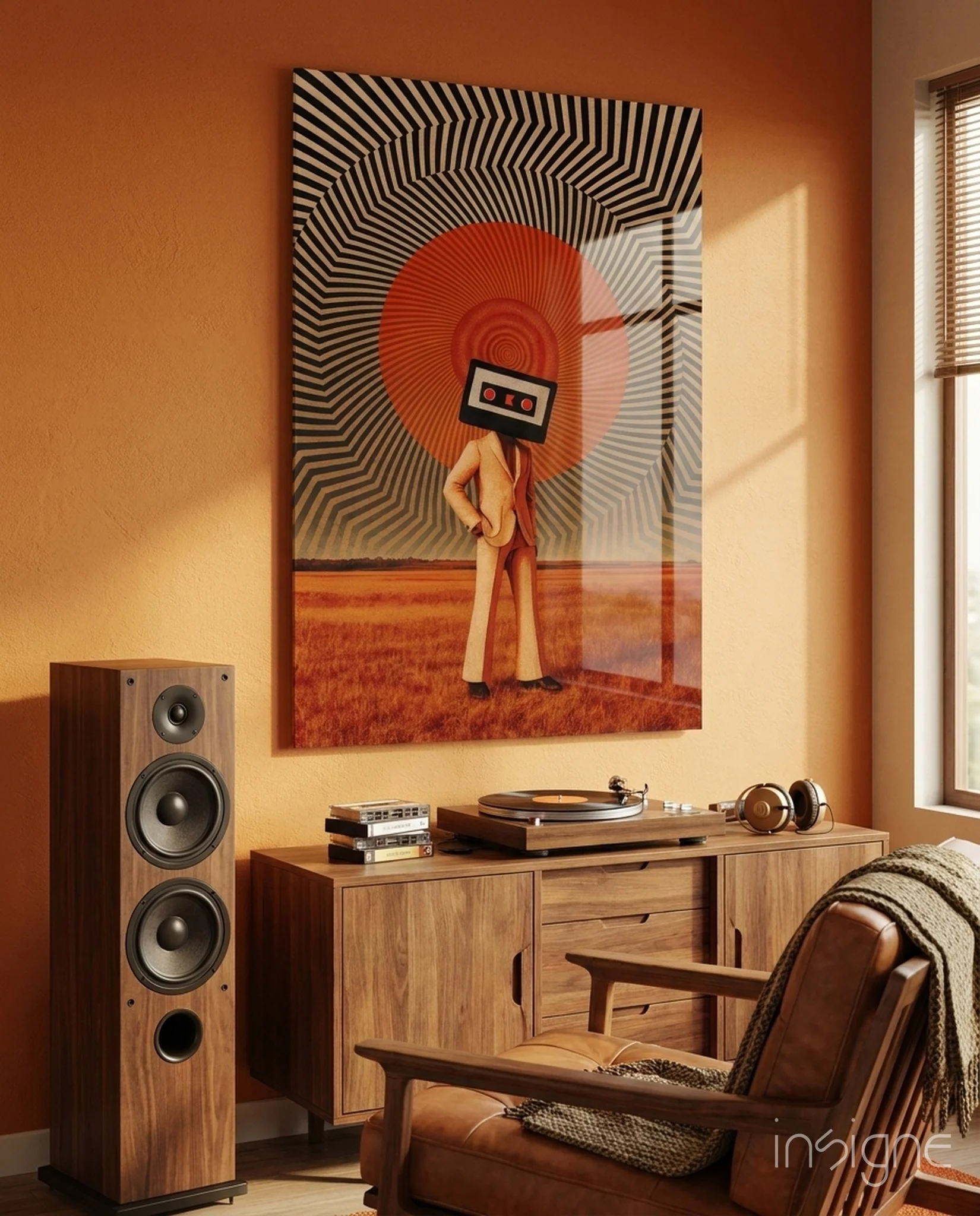 Cassette Head in Red Field Glass Wall Art