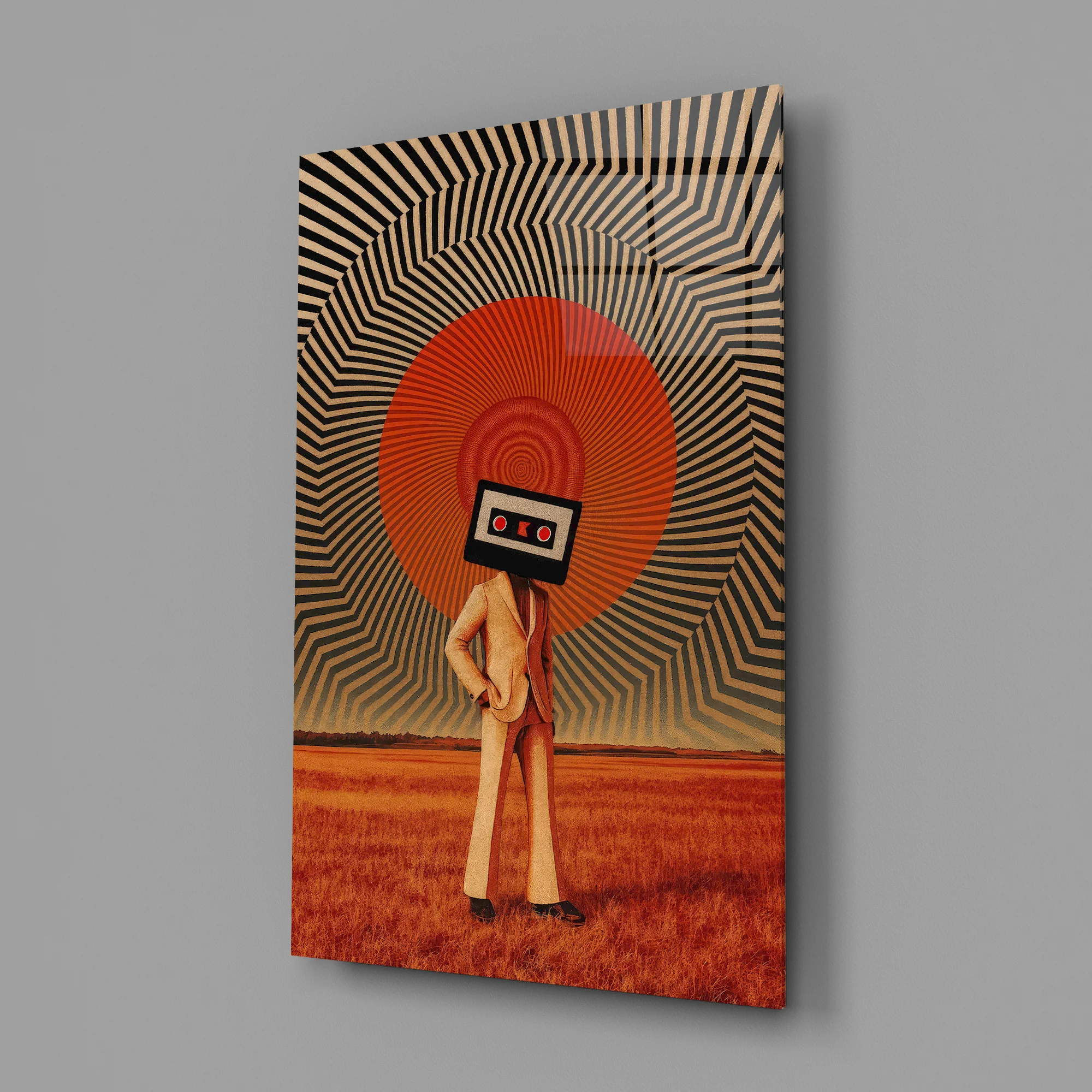 Cassette Head in Red Field Glass Wall Art - Image 3