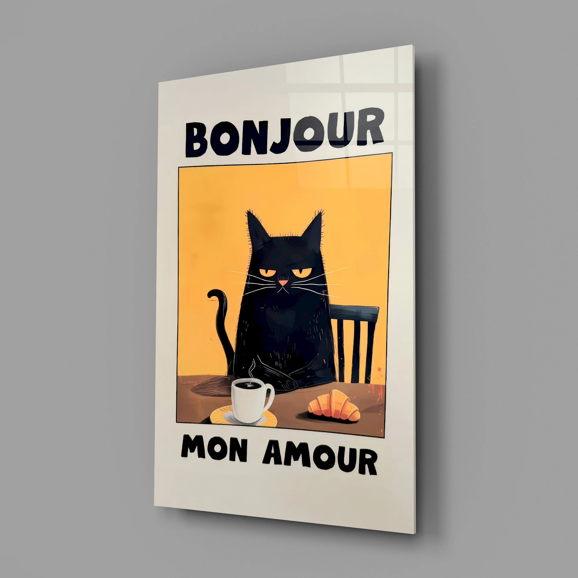 Bonjour Cat Breakfast Glass Wall Art - Image 3