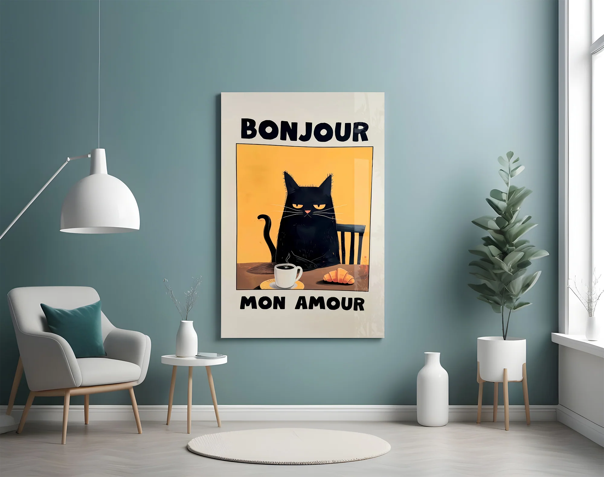 Bonjour Cat Breakfast Glass Wall Art - Image 5