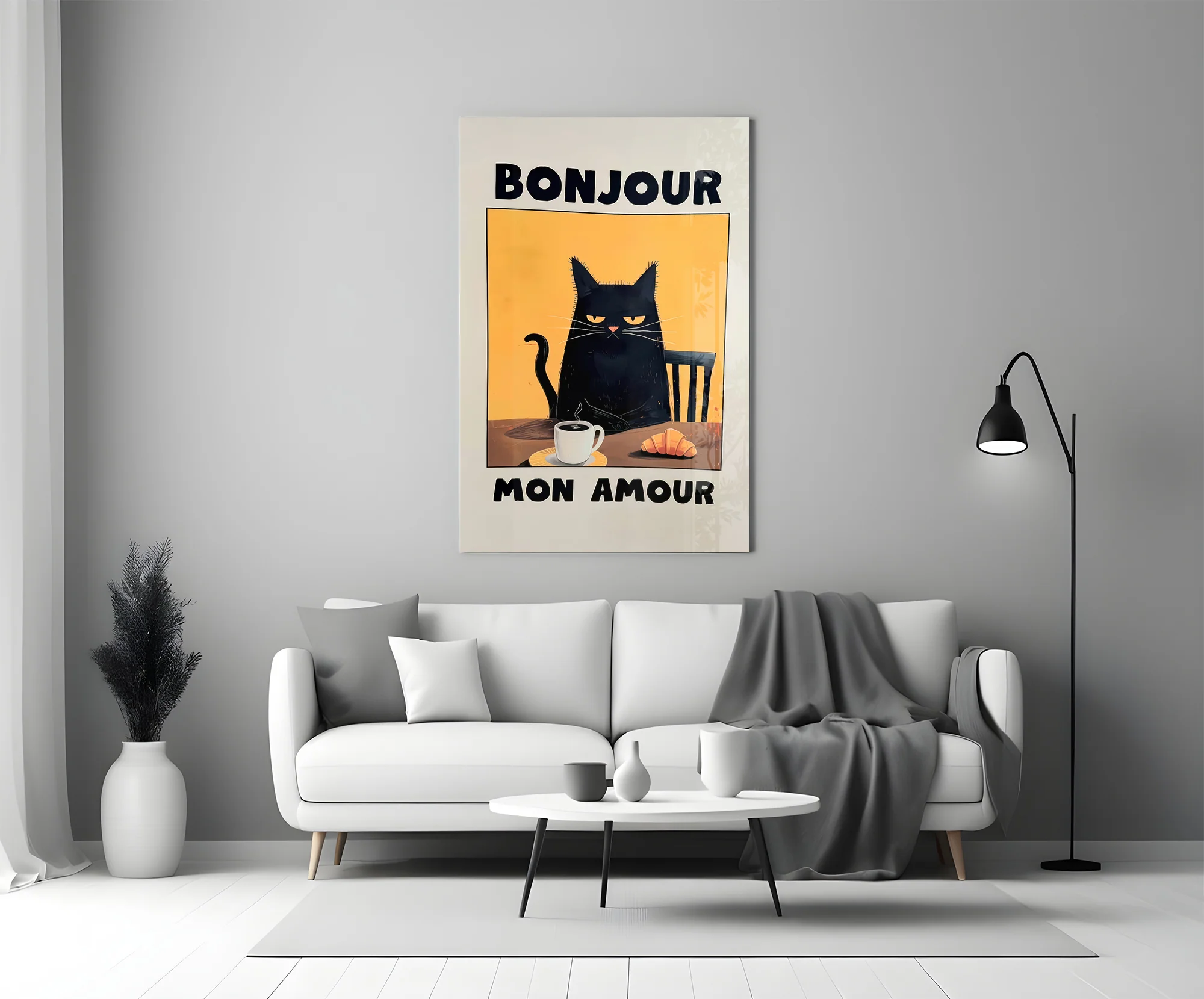 Bonjour Cat Breakfast Glass Wall Art - Image 6