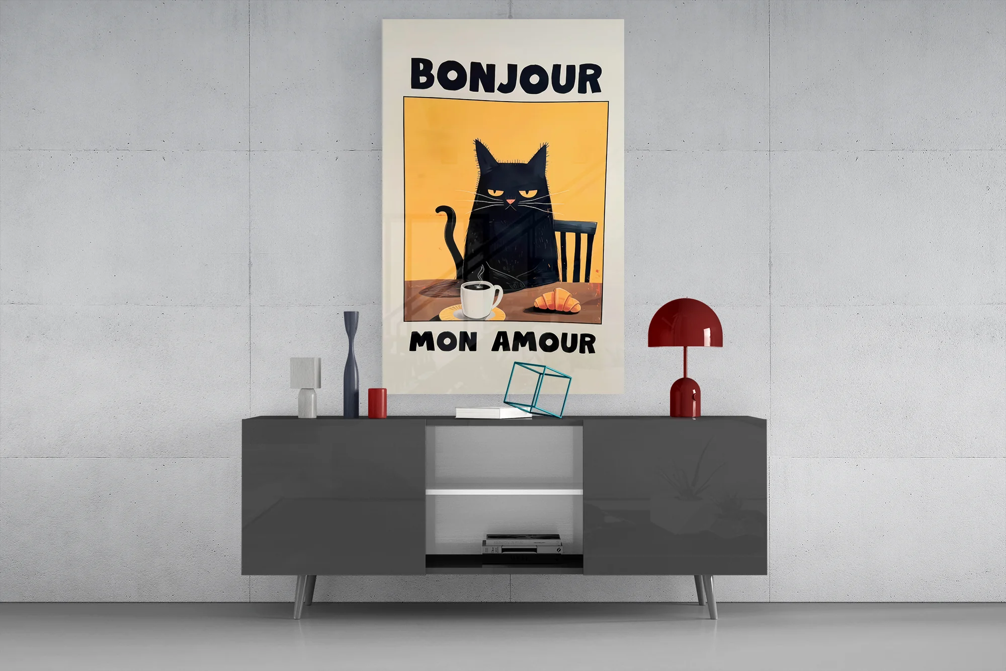 Bonjour Cat Breakfast Glass Wall Art - Image 9