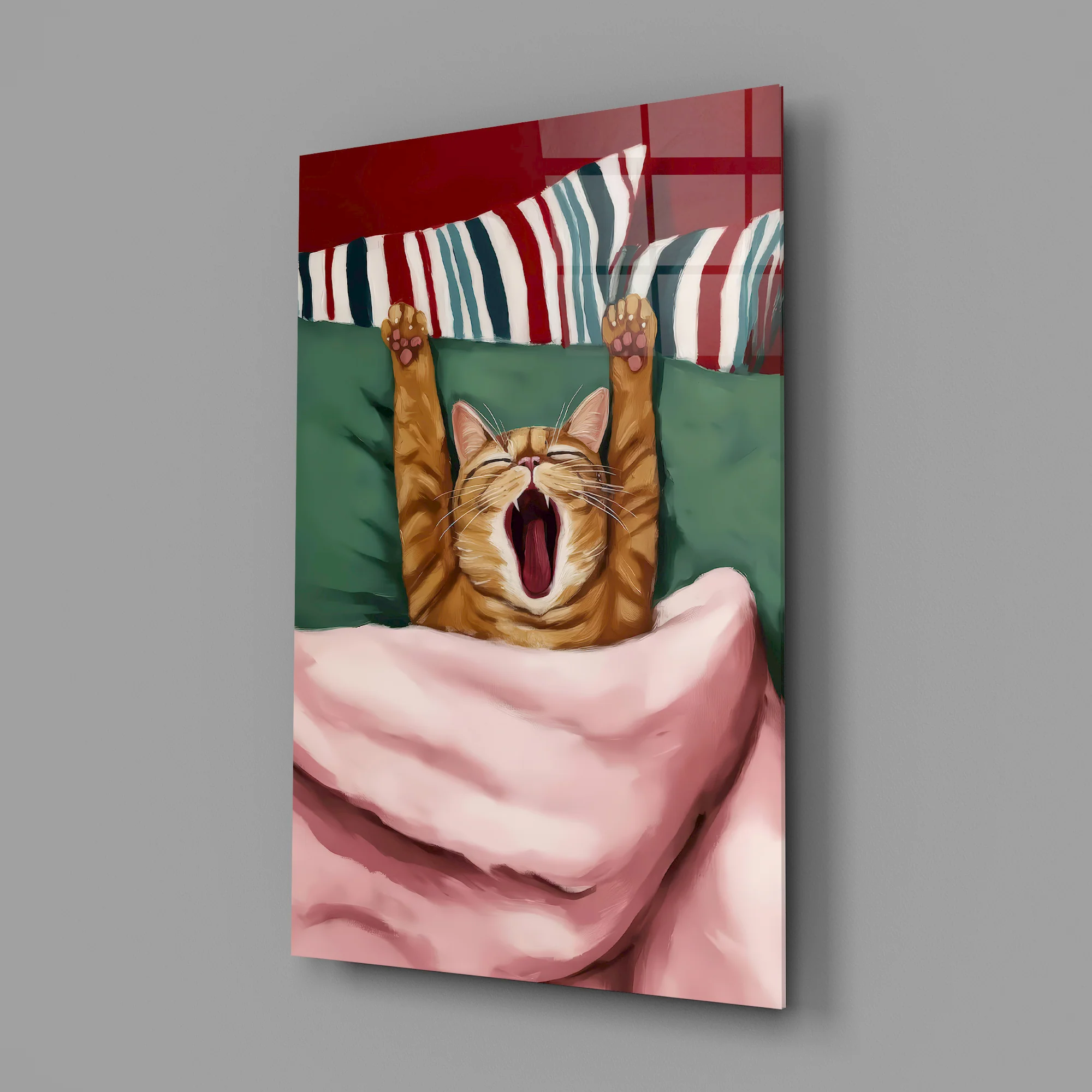 Yawning Cat in Bed Glass Wall Art - Image 6