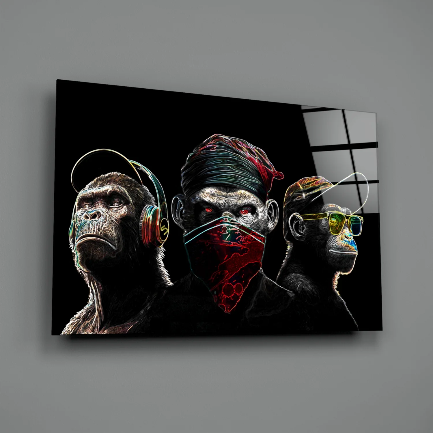 3 Wise Monkeys - Neon Lines Glass Wall Art  || Designer Collection - Image 3