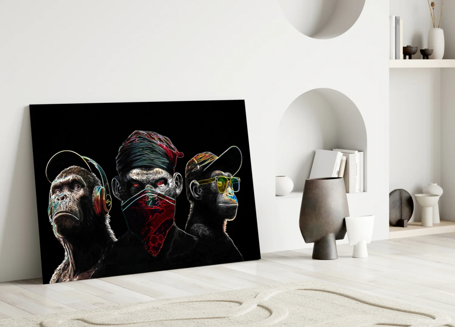 3 Wise Monkeys - Neon Lines Glass Wall Art  || Designer Collection - Image 4