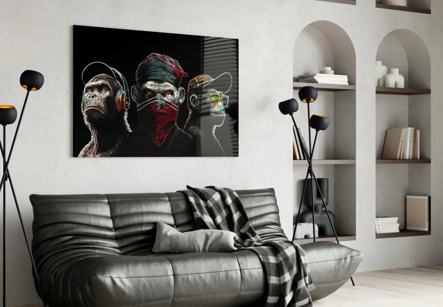 3 Wise Monkeys - Neon Lines Glass Wall Art  || Designer Collection - Image 5