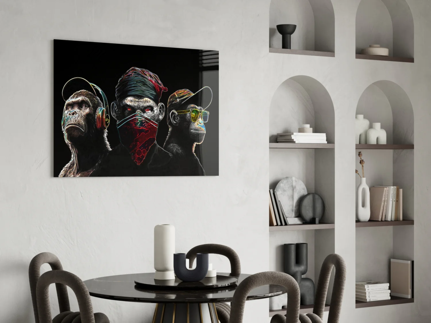 3 Wise Monkeys - Neon Lines Glass Wall Art  || Designer Collection - Image 6