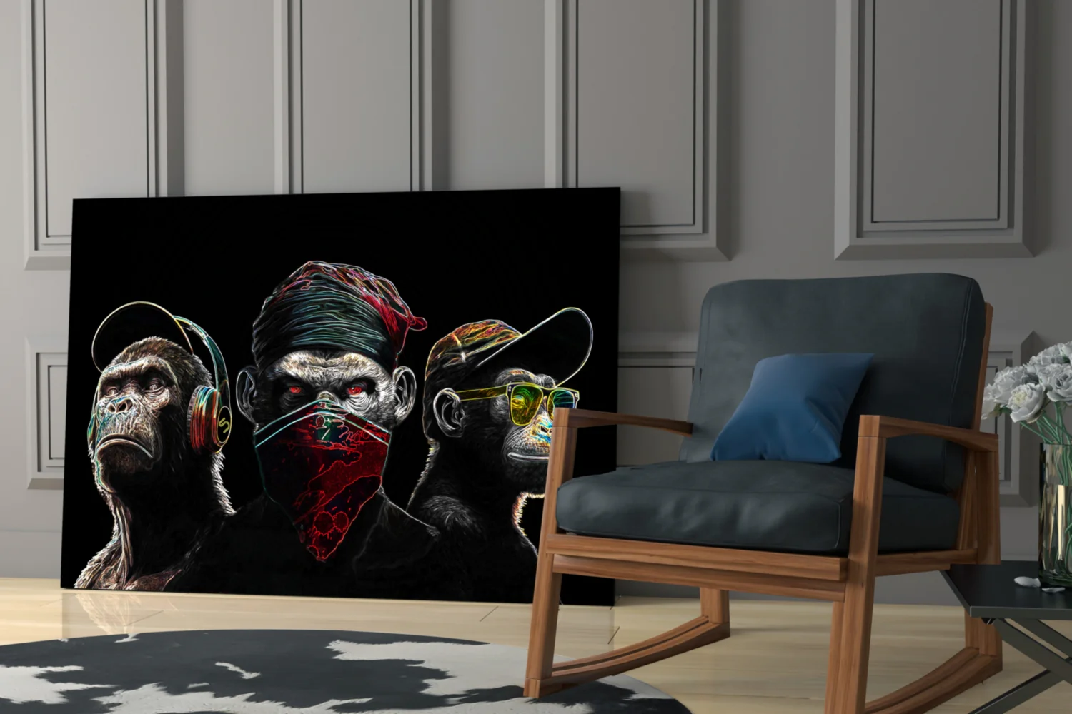 3 Wise Monkeys - Neon Lines Glass Wall Art  || Designer Collection - Image 7