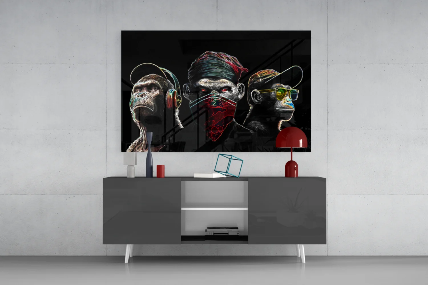 3 Wise Monkeys - Neon Lines Glass Wall Art  || Designer Collection - Image 9