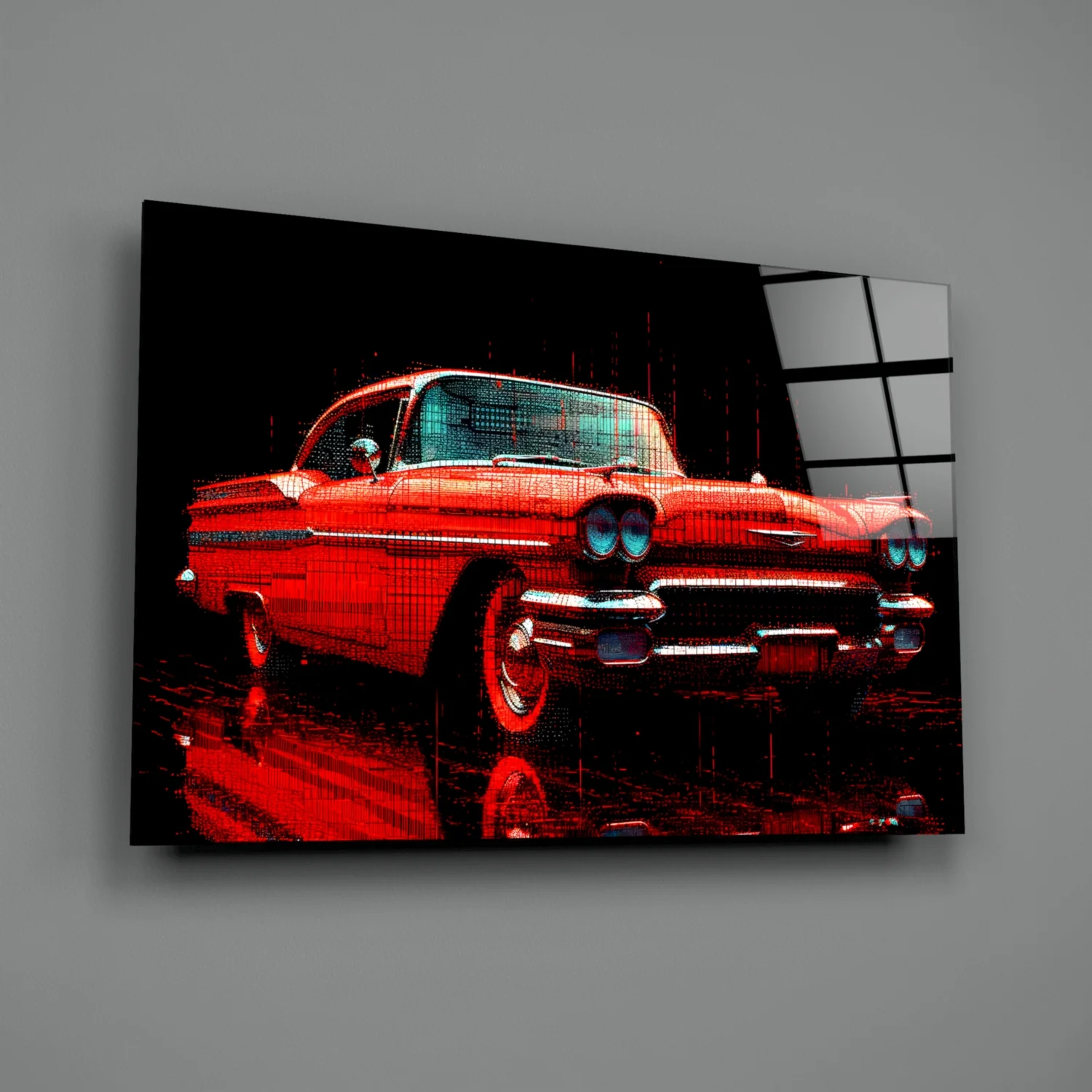 Vintage Red Coupe Glitch Glass Wall Art - Image 2