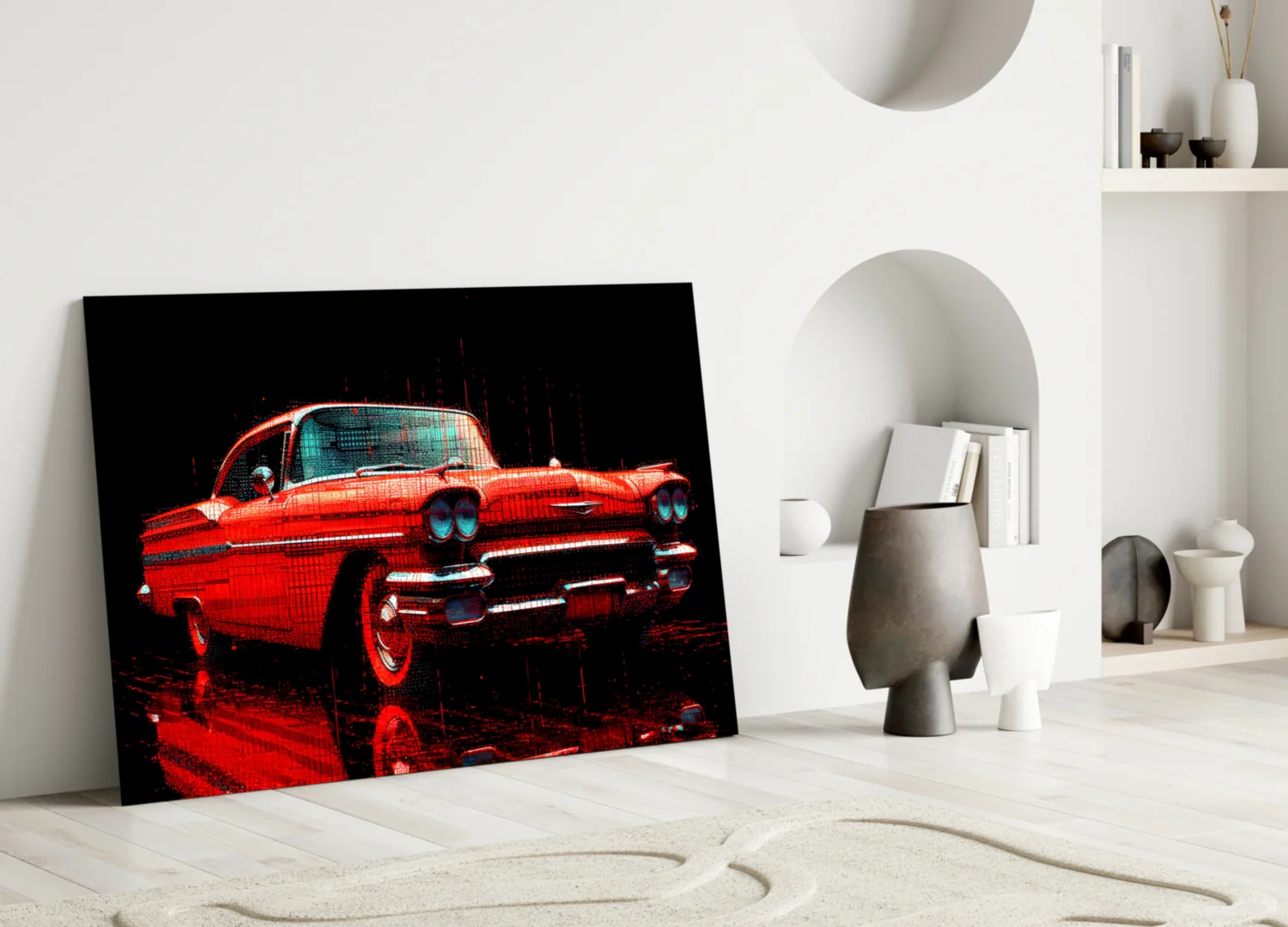 Vintage Red Coupe Glitch Glass Wall Art - Image 3