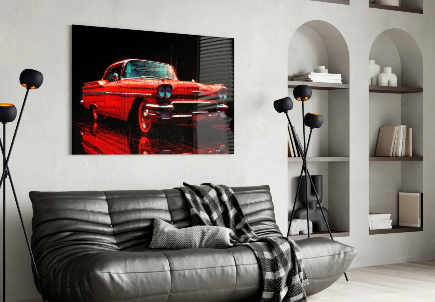 Vintage Red Coupe Glitch Glass Wall Art - Image 4