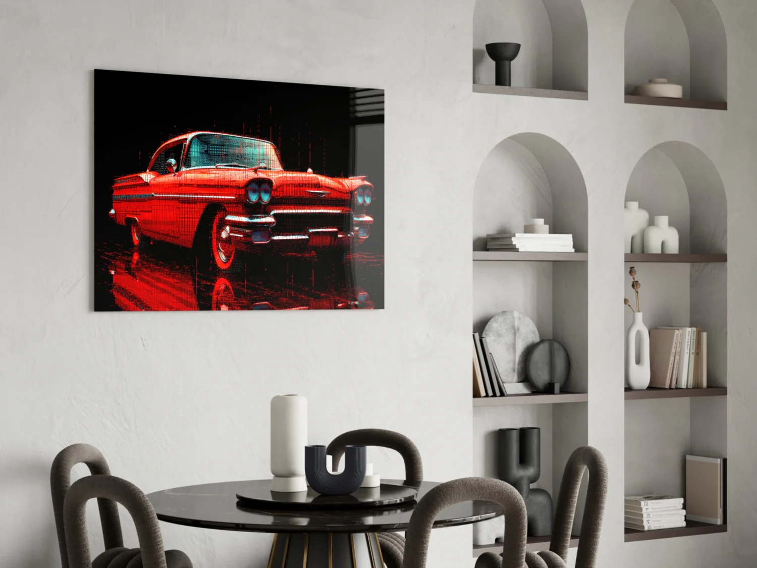 Vintage Red Coupe Glitch Glass Wall Art - Image 5