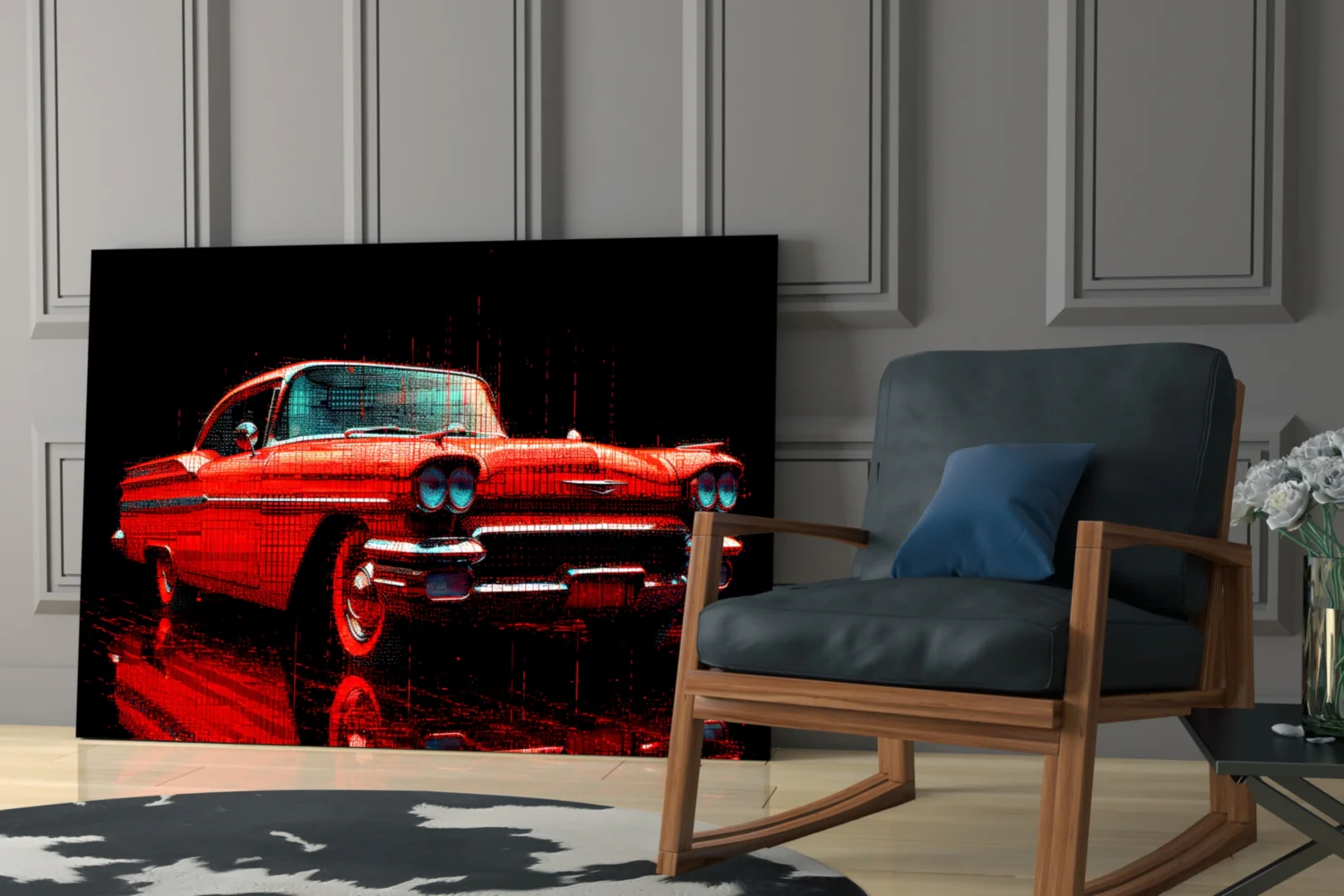 Vintage Red Coupe Glitch Glass Wall Art - Image 6