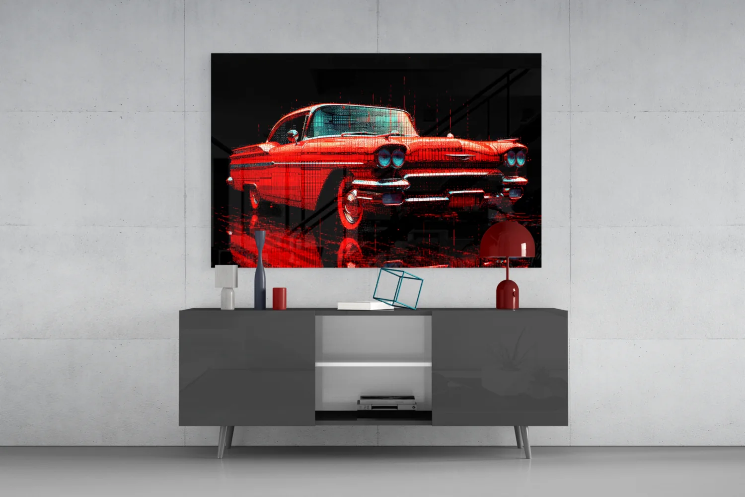 Vintage Red Coupe Glitch Glass Wall Art - Image 8