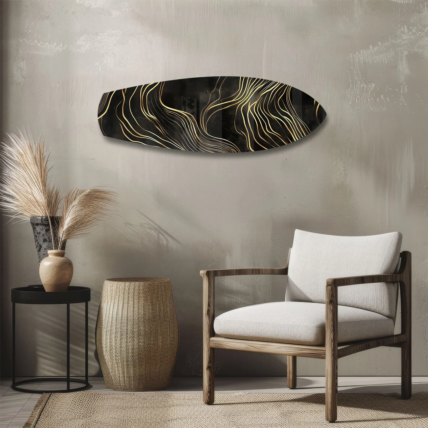 Black and Gold Abstract Waves Glass Wall Art - Image 3