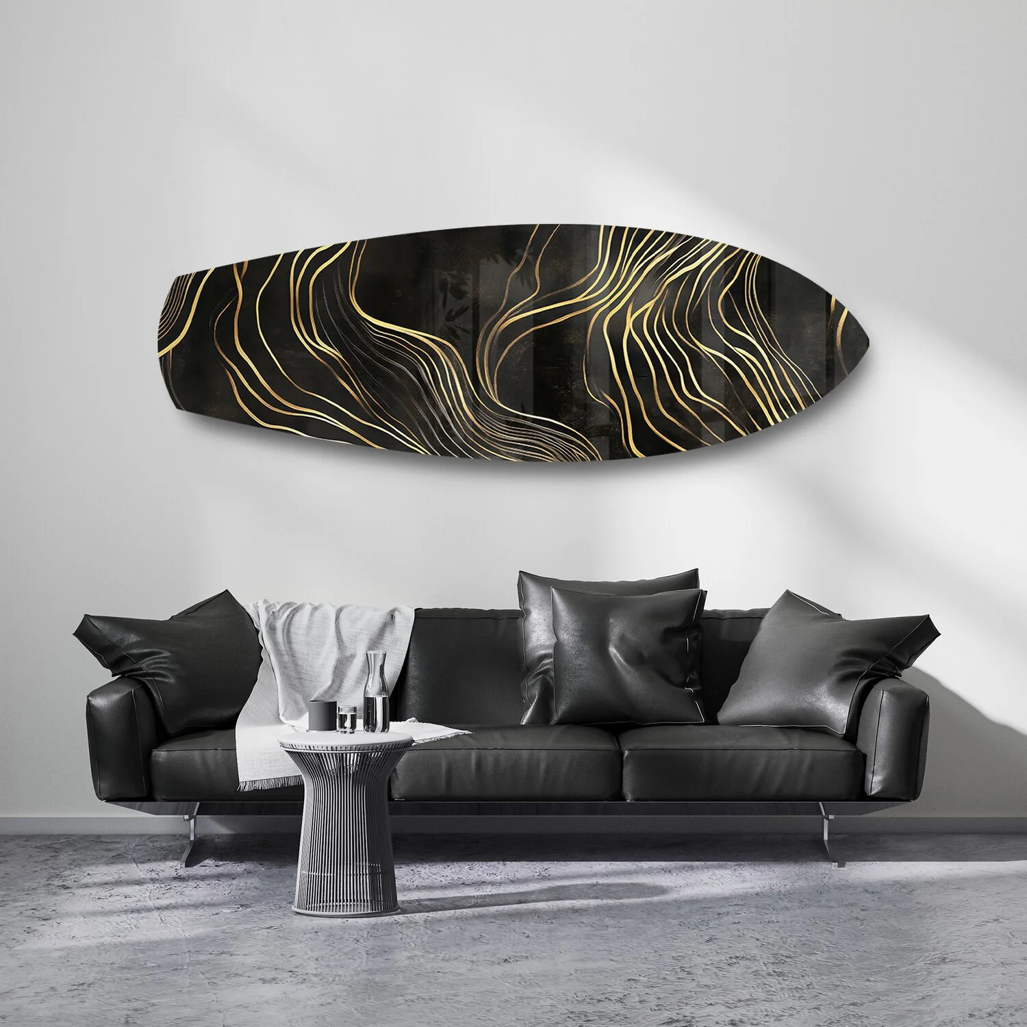 Black and Gold Abstract Waves Glass Wall Art - Image 7