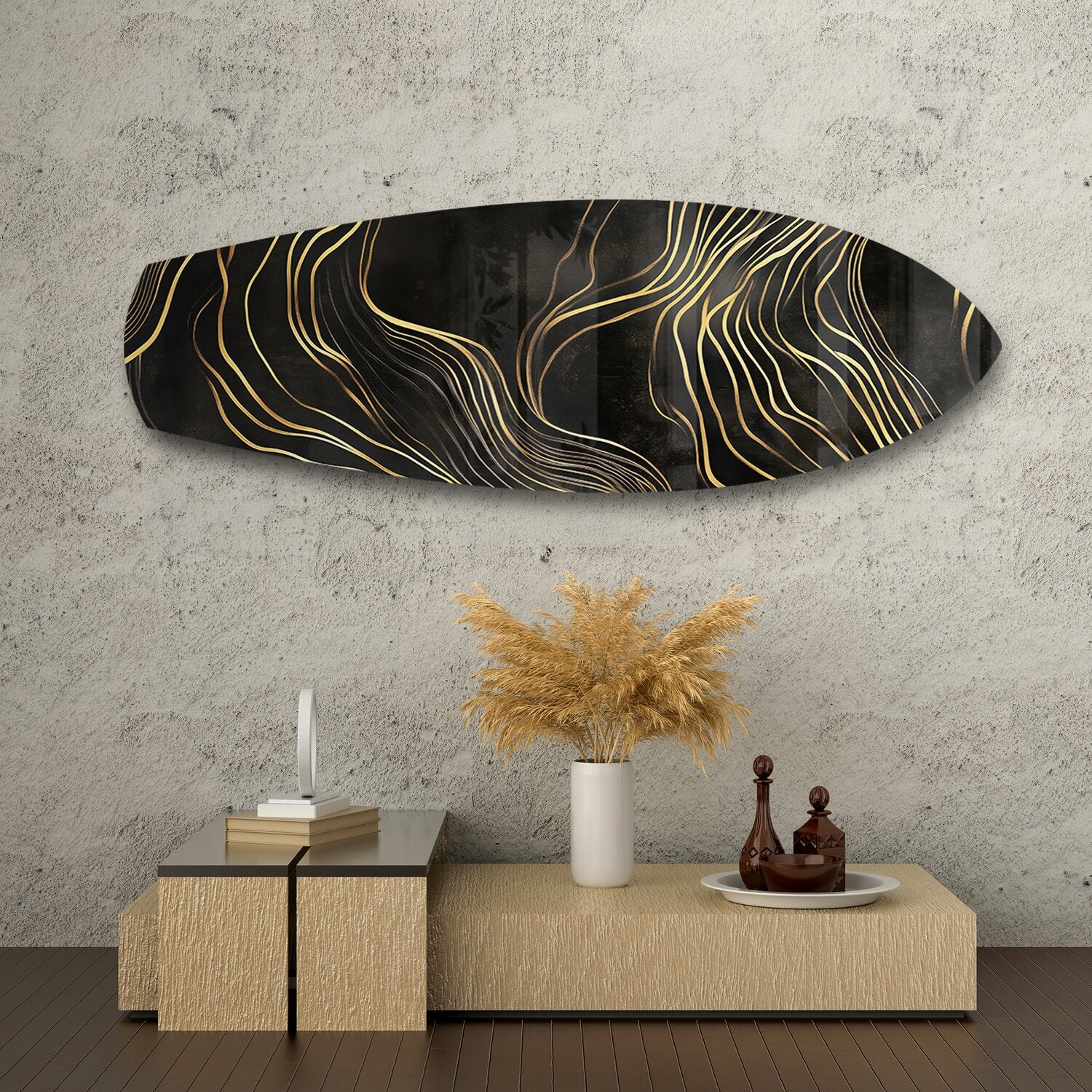 Black and Gold Abstract Waves Glass Wall Art - Image 8