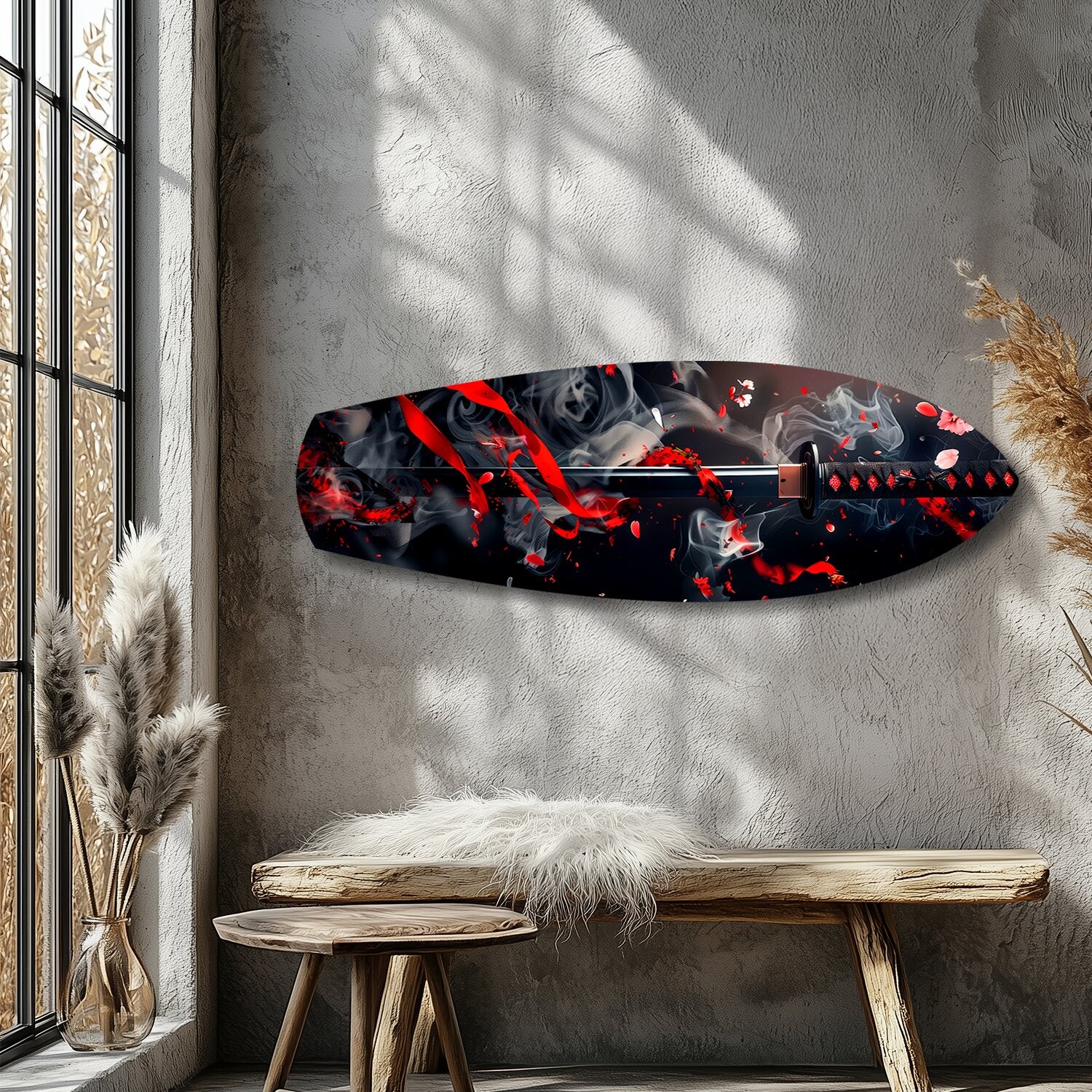 Samurai Katana with Cherry Blossoms Glass Wall Art - Image 9