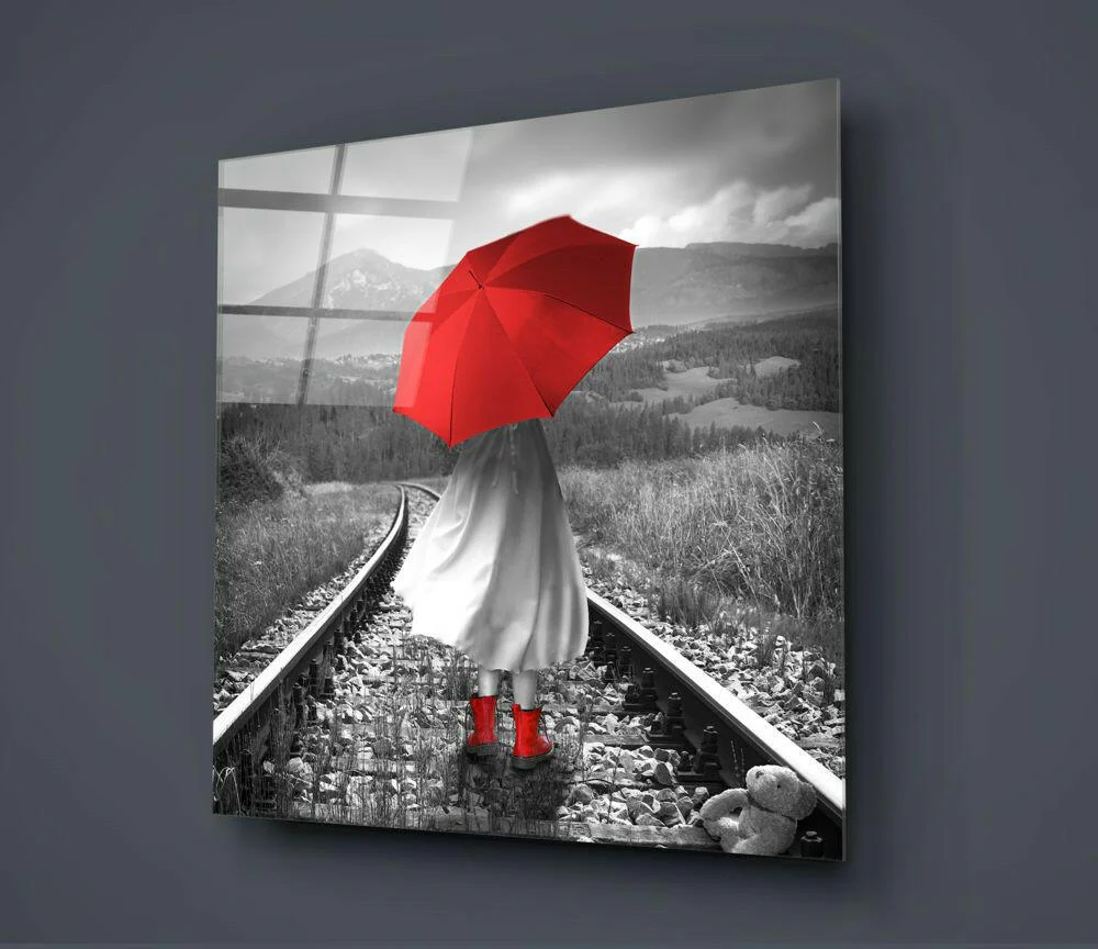 Girl with Red Umbrella Glass Wall Art - Image 2