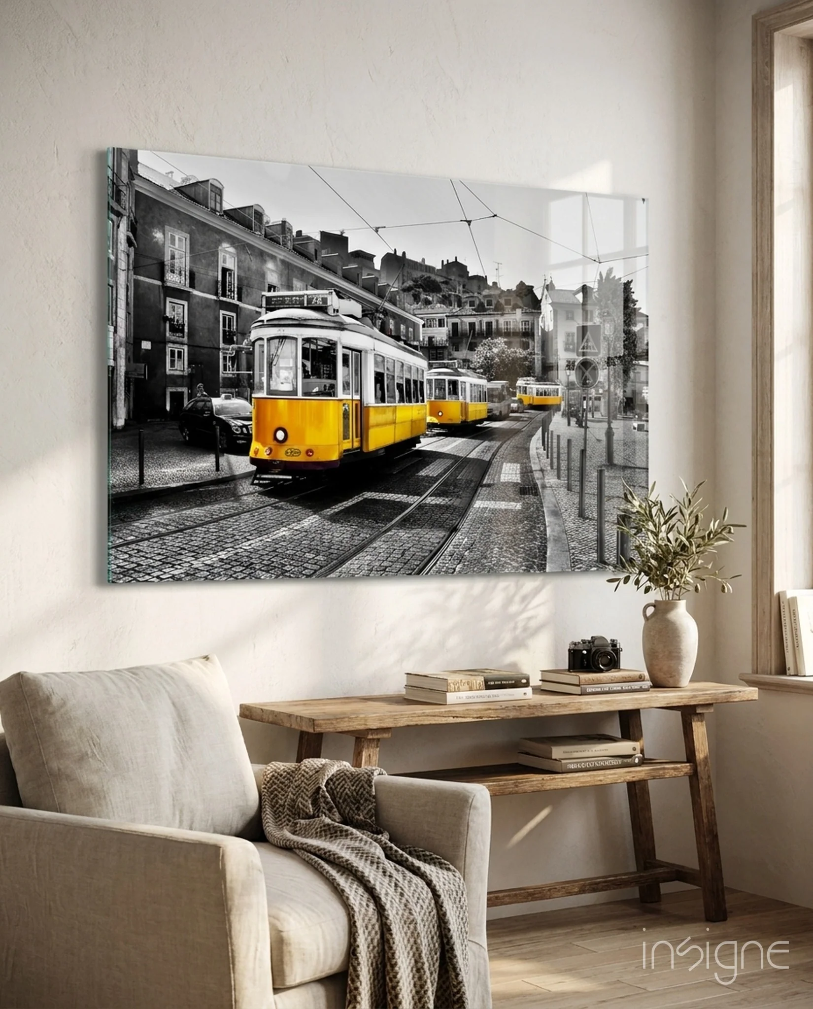 Yellow Tram (Lisbon) Glass Wall Art